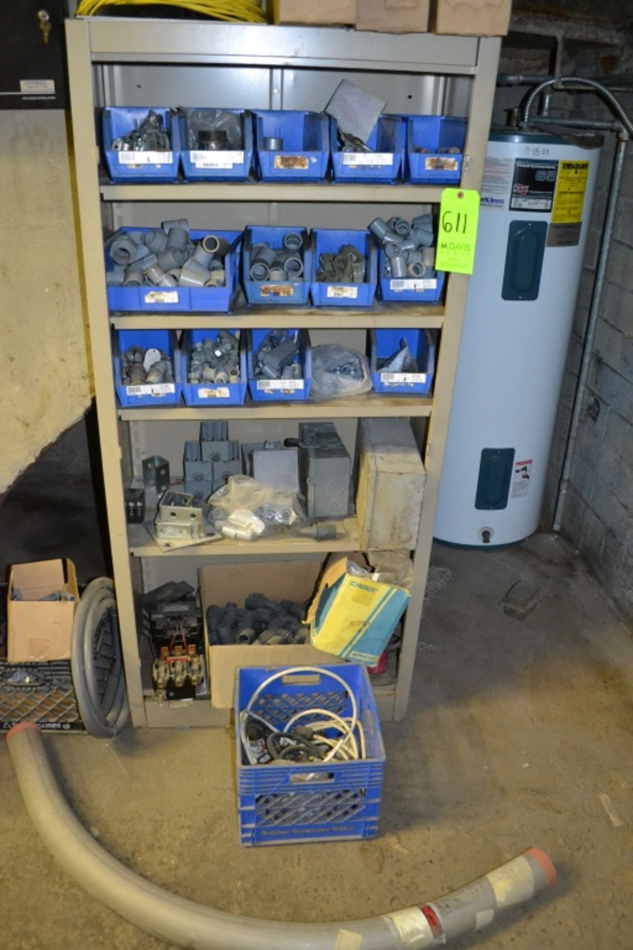 Shelf and Contents Including Large Conduit Elbow, and (10) Plus Bins of Electrical Conduit