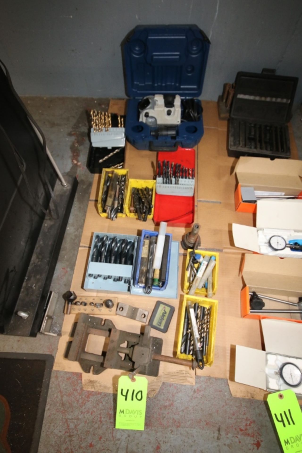 Large Lot of Drill Bits, Sharpener, Vise, Cutters and Misc. Machine Parts