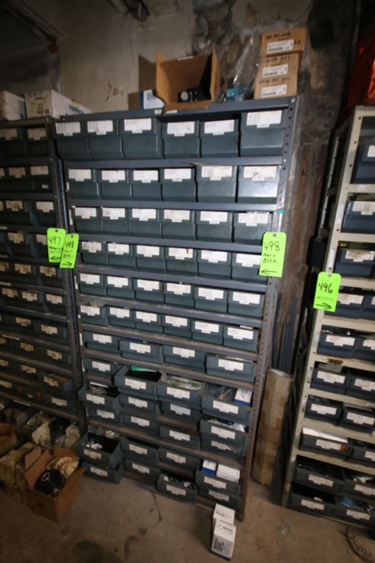 Shelf Unit with Over 60 Parts Bins Containing Air/Electric Solenoid Valves Mfg. by Asco, Mac and