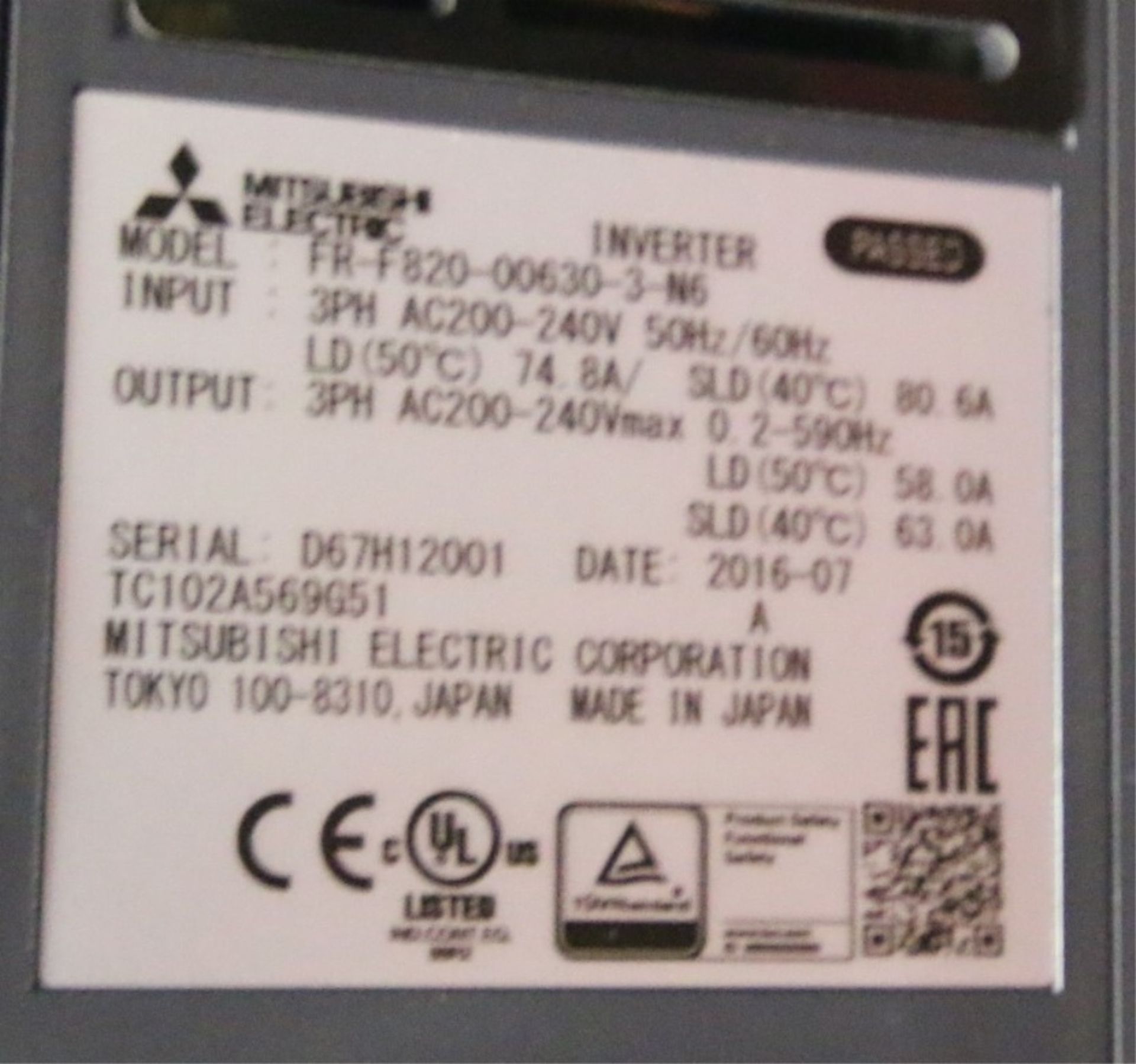 NIB Mitsubishi VFD Model FR-F820-00630-3-N6, 200-240 Volts - Image 2 of 2