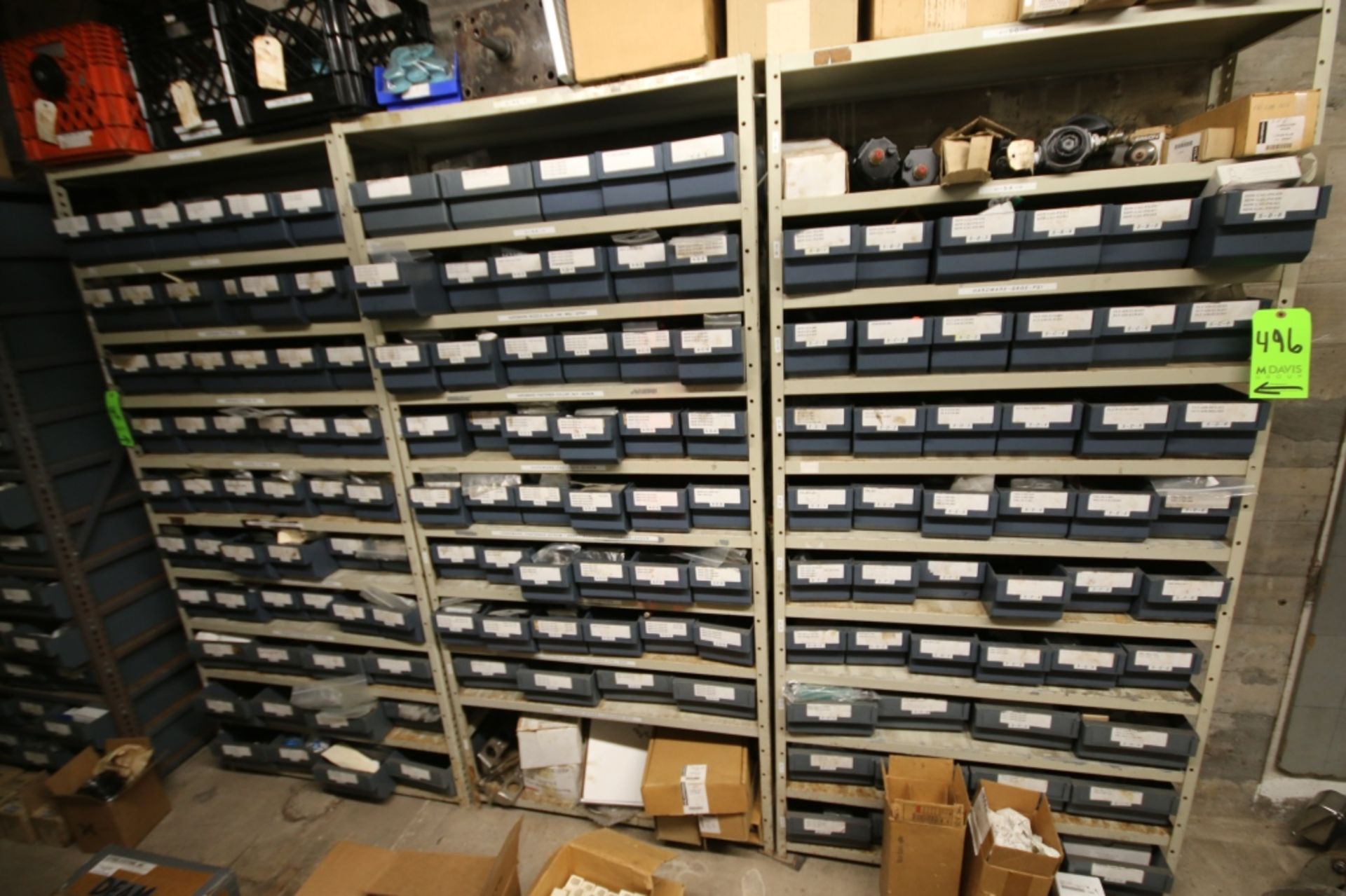 Shelf Units with 100 Parts Bins and Contents, Mostly Air Filters and Fittings