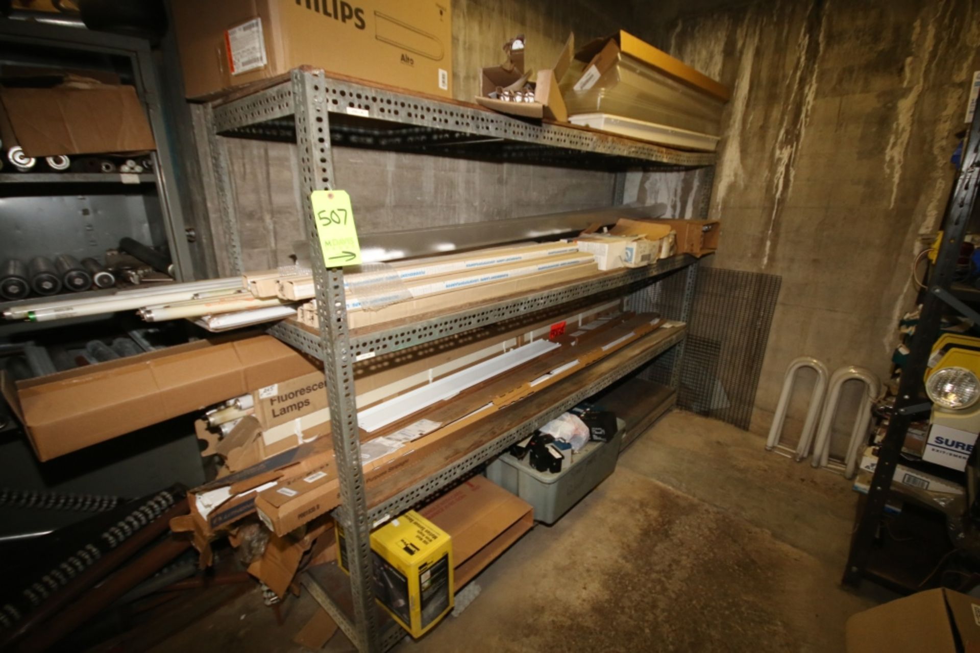 Shelf Units with Contents Including New Fluorescent Lamps, Fixtures, Emergency Lights and Misc.