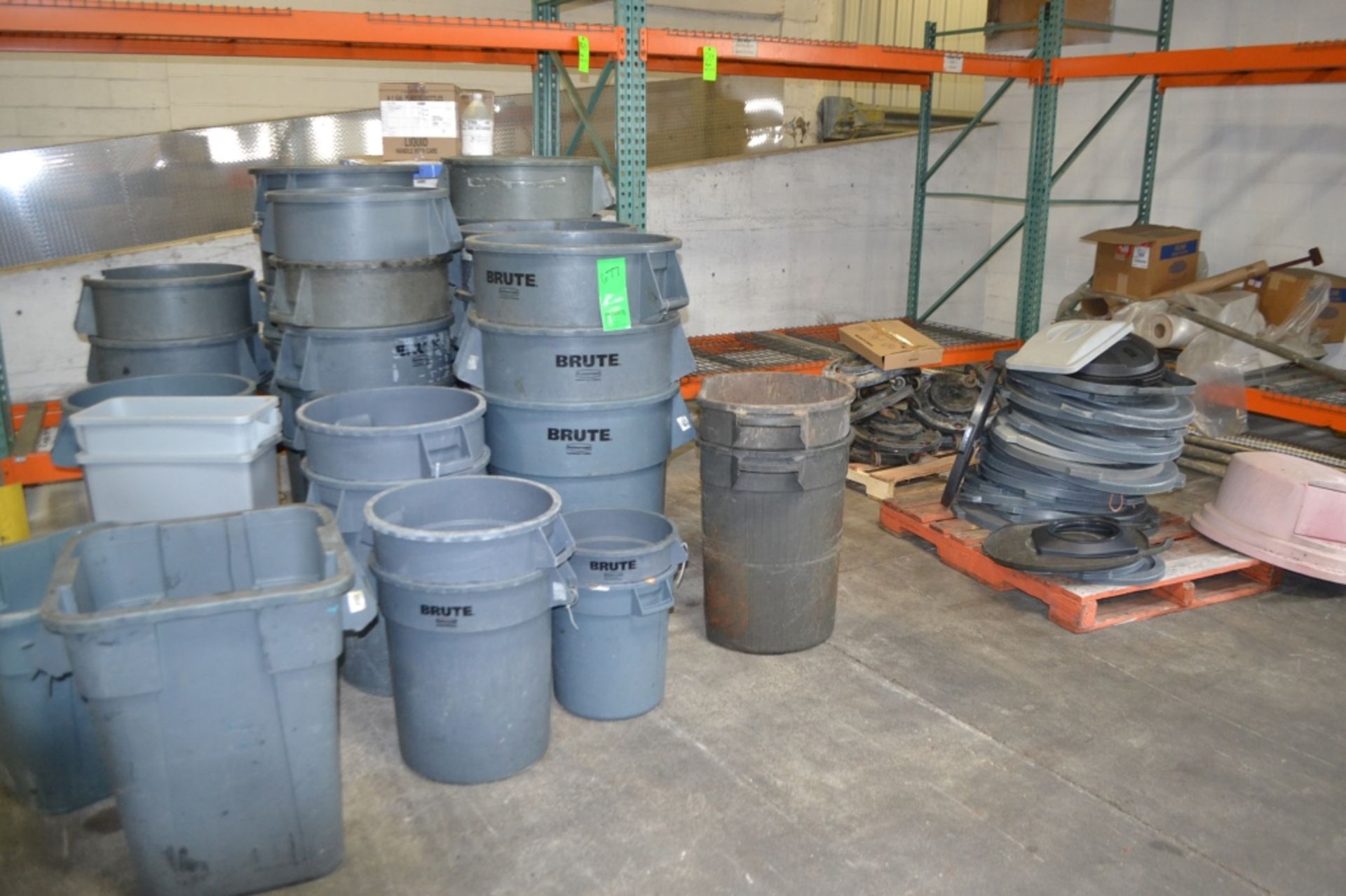 Lot of Rubbermaid Trash Cans, with Many Bases and Lids