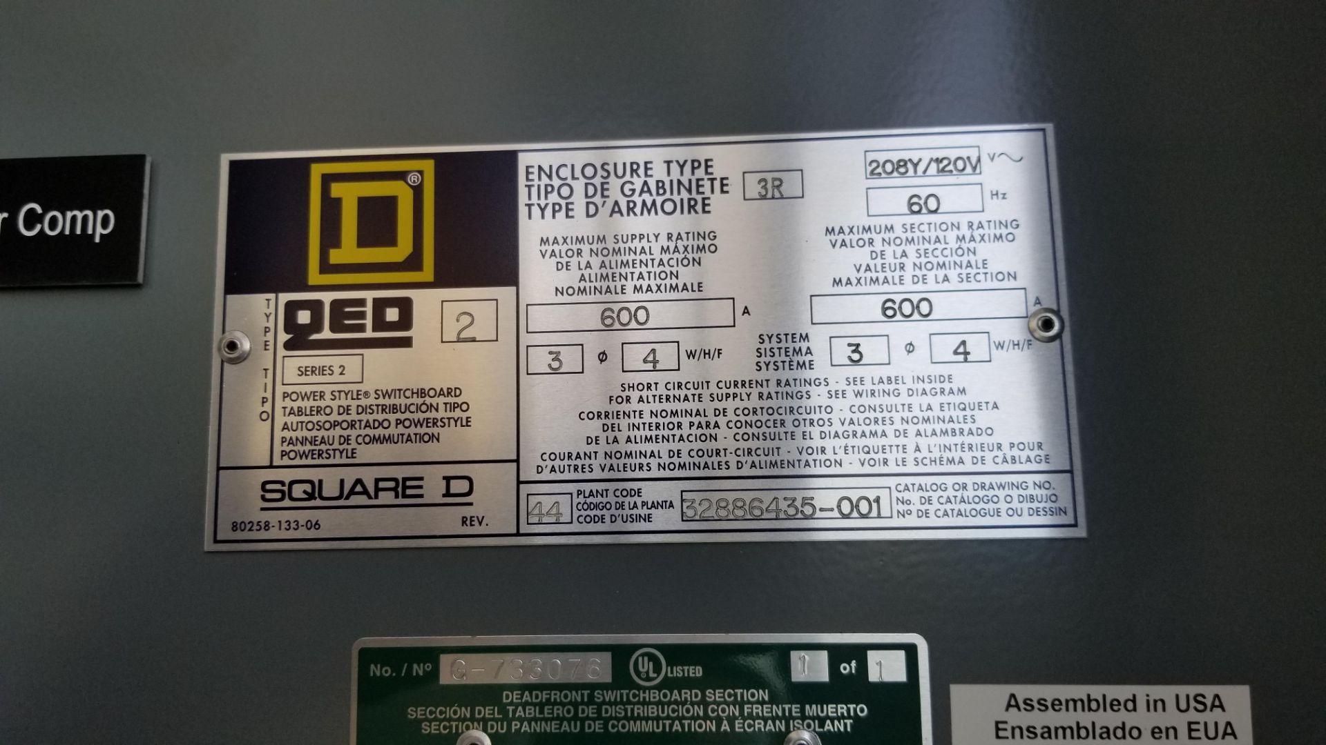 (2) Plant Electrical Panels Including (1) Square D 600 Amp, cat no. 32886435-001 - 208Y/120V with ( - Image 3 of 6