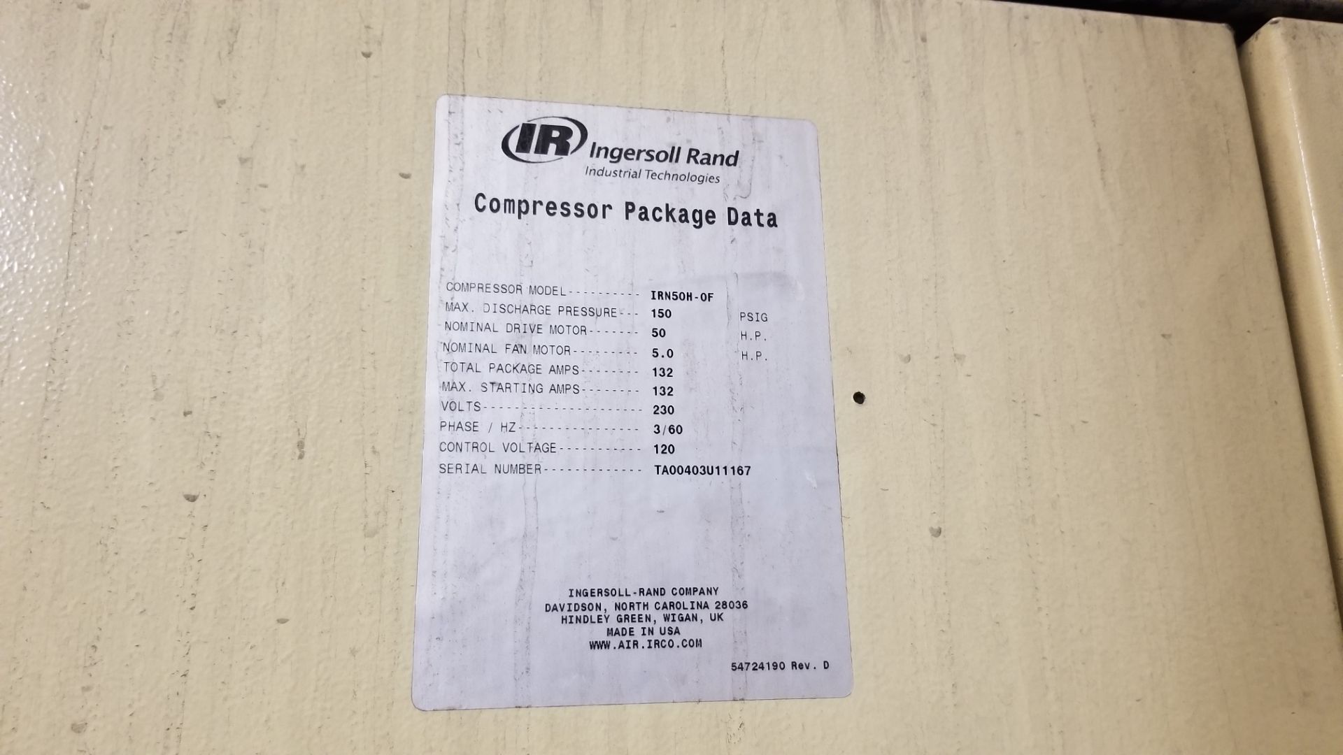 Ingersoll Rand 50 HP Intellisys Oil-Free Screw Air Compressor, Model IRN50H-OF, S/N TA00403U11167, - Image 6 of 10