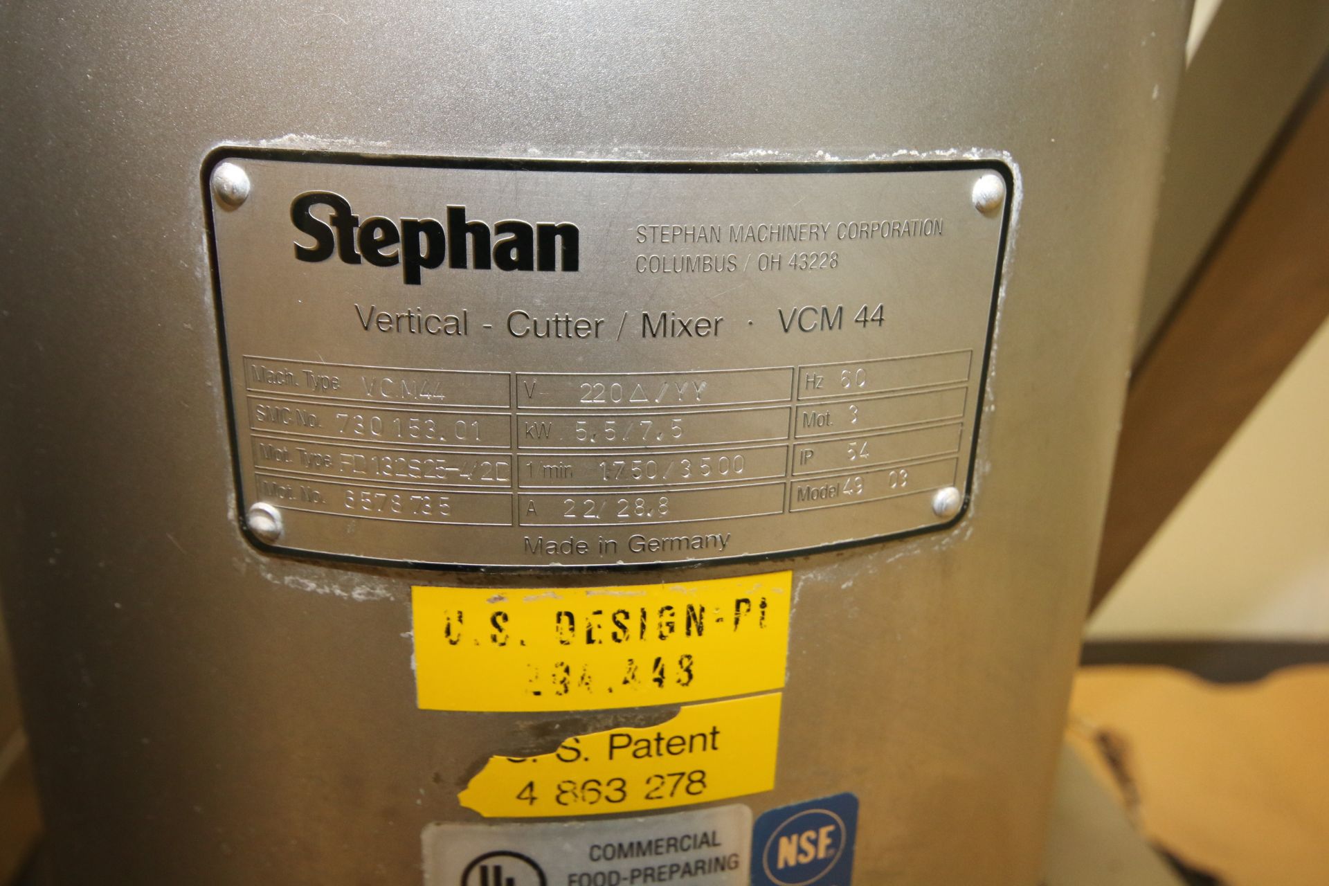 Stephan Vertical Cutter Mixer, M/N VCM44, S/N 730153-01, with 19-1/2" Dia. x 11-1/2" Deep, 220 - Image 5 of 6