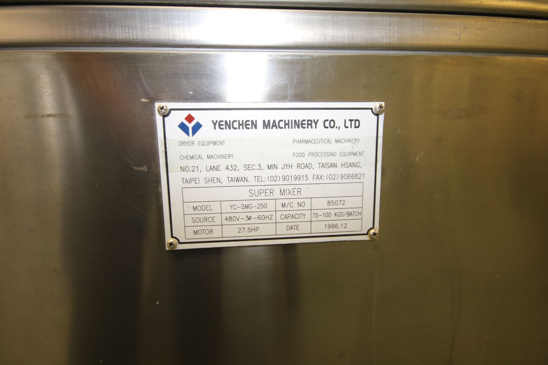 Yenchen High Shear Granulator/Super Mixer, M/N YC-SMG-250, S/N 85072, 250 Liter (75-150 KG Batch - Image 7 of 7