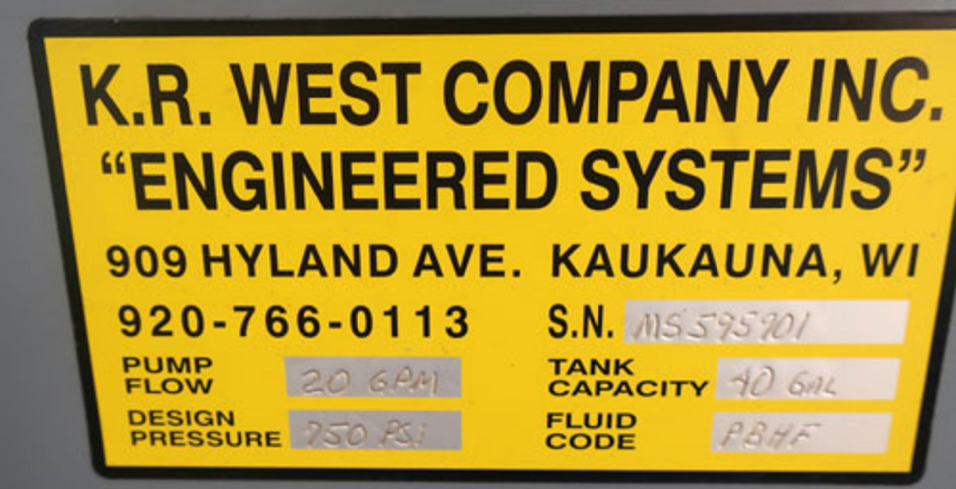 K.R. West Company hydraulic power unit with 40 gallon tank. 20 GPM, 250 psi. Serial # MS595901. 3/ - Image 6 of 6