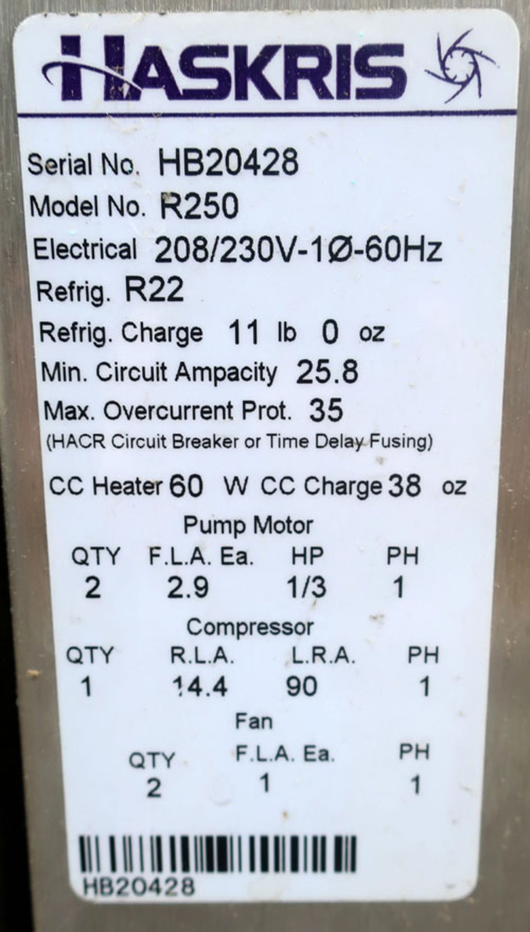 Haskris Portable Refrigerated Water Cooled Chiller, Model R250. Serial # HB20428. - Image 4 of 4