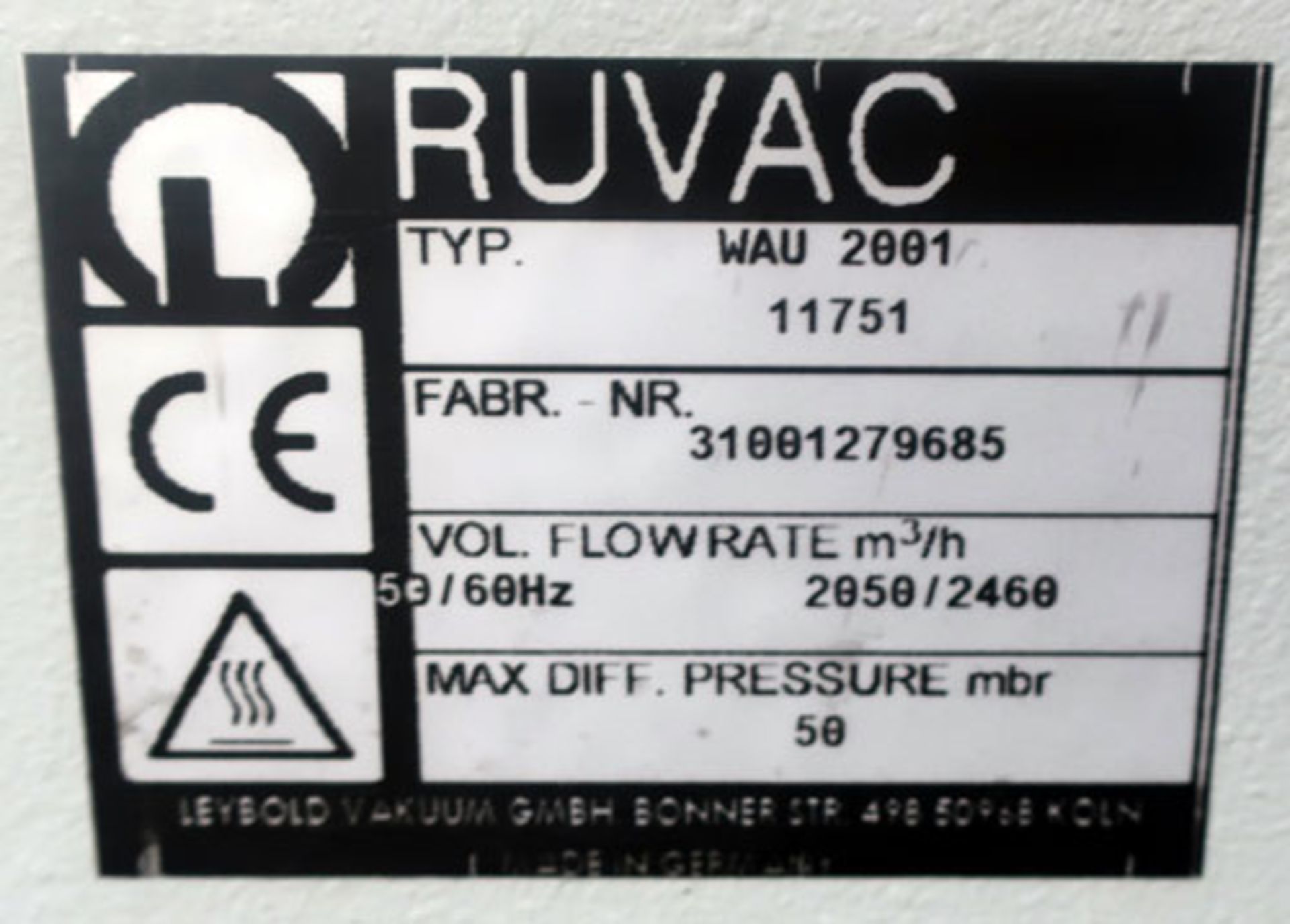 Unused Leybold RUVAC WAU 2001 roots vacuum pump. 50/60 Hz, 10 HP motor. - Image 5 of 5