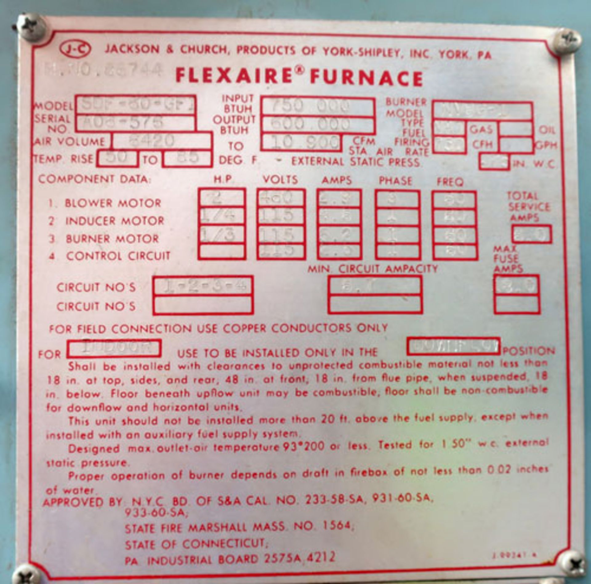 Jackson & Church Flexaire Furnace, Model SDF-60-GFI. Input BTU 750,000, Output BTU 600,000. Air - Image 10 of 13