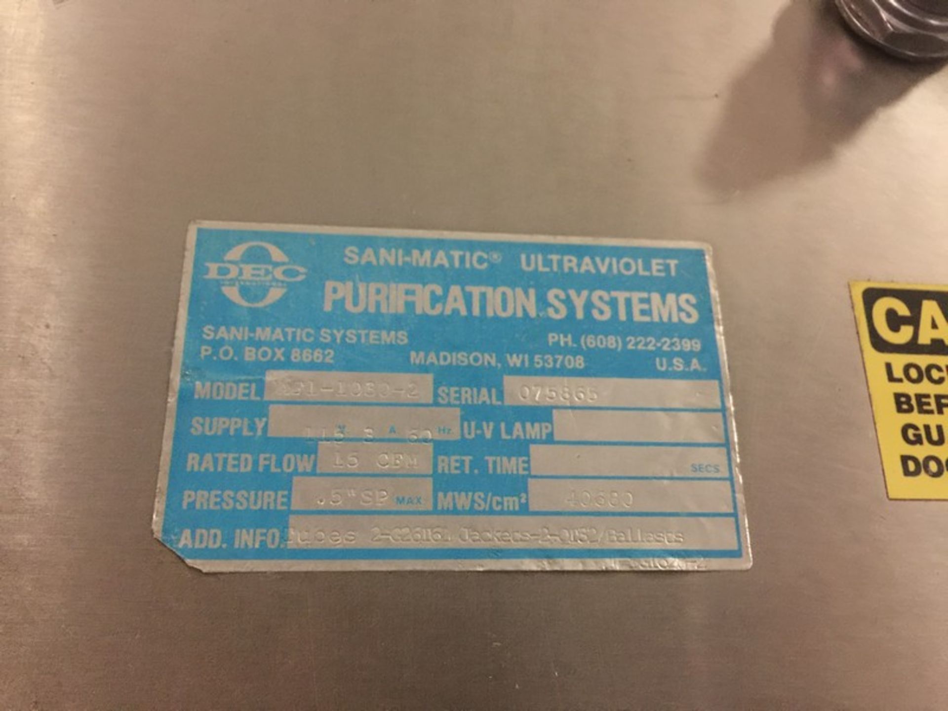 Stainless Steel Sani-Matic Ultraviolet Purification System Model AF1-1030-2, Serial #075865, 115V, - Image 10 of 12