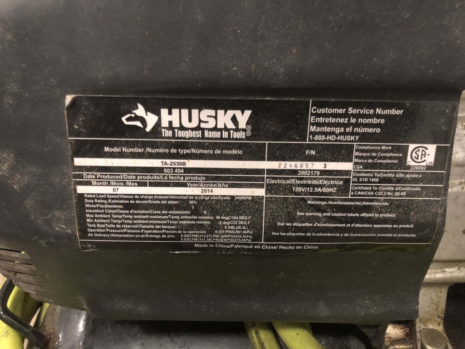 Husky Air Compressor, 125 PSI, 1-1/2 HP, 8 Gallon - Image 3 of 3