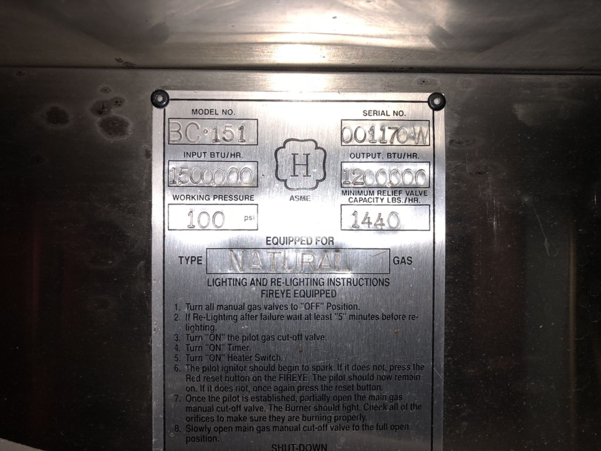 Triple S Hot Water System, Model BC151, S/N 001170W, Input 1,500,00 BTU/HR, Output 1,200,00 BTU/ - Image 2 of 10