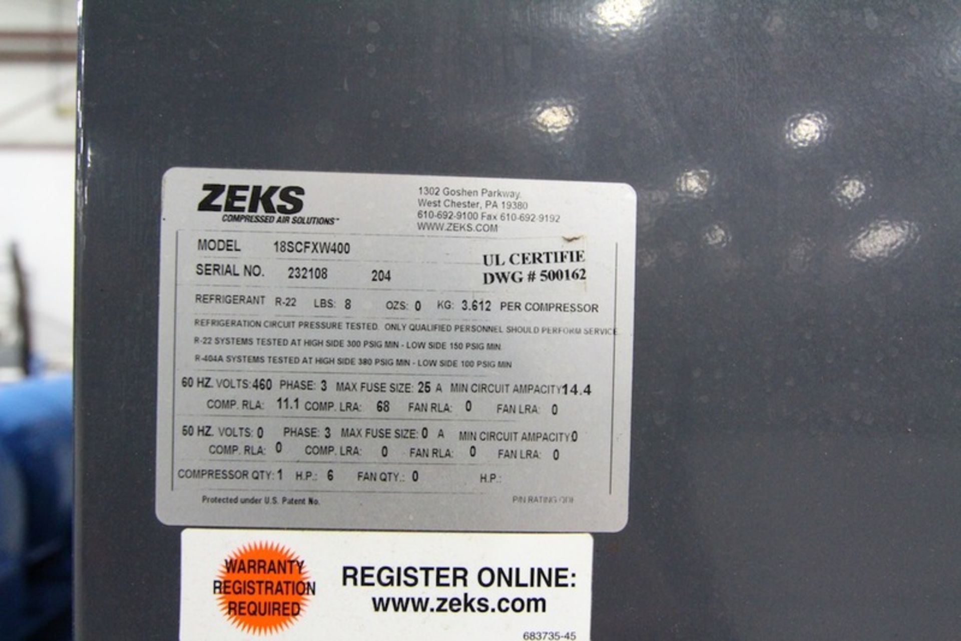 Zeks Air Dryer, Year 2004, R22 Refrigerant, S/N: 232108, Dims: 6ft L x 3ft W x 6ft H, Speed: 400 - Image 4 of 4