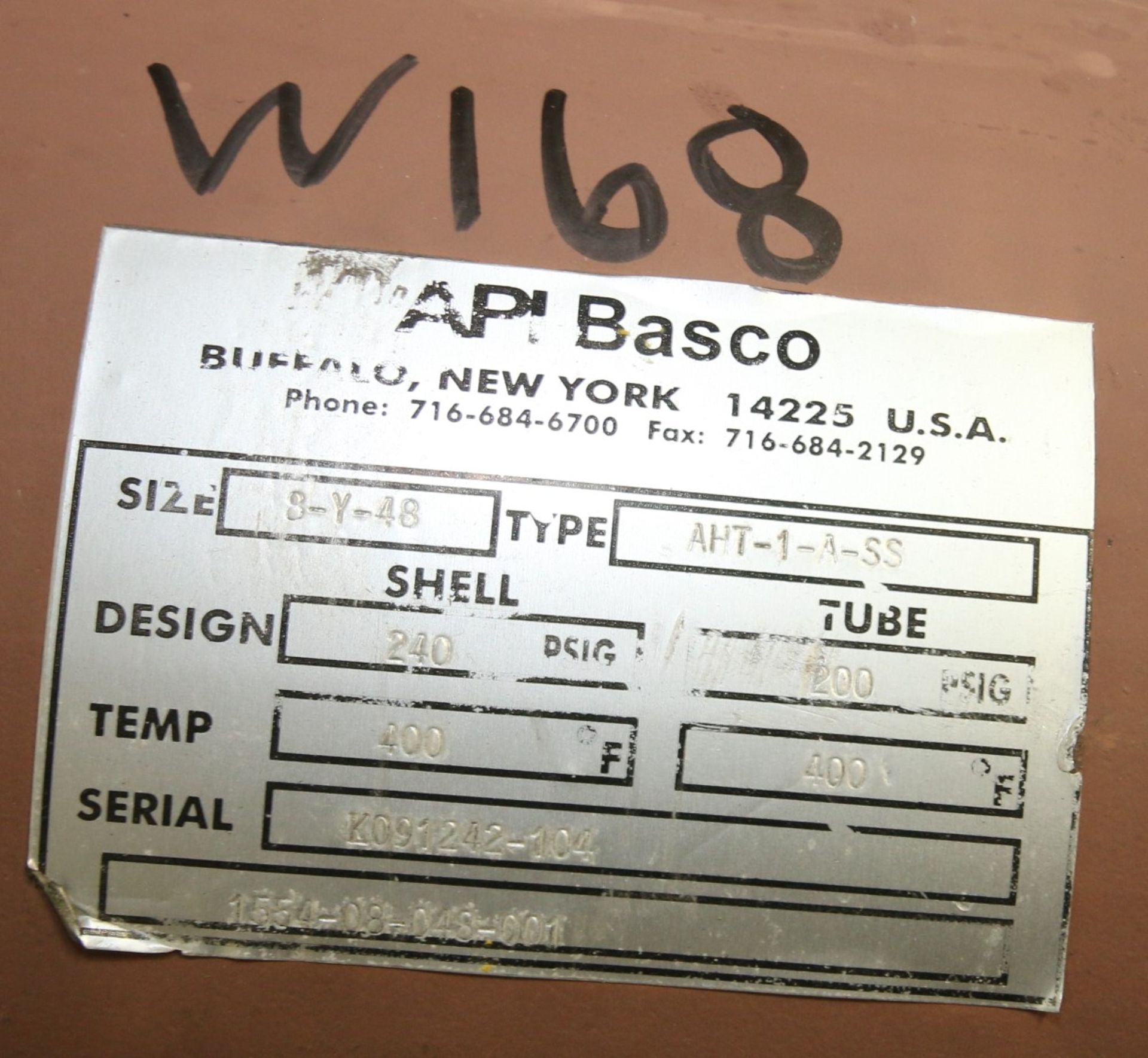 API Basco 4 ft L x 8" W Shell & Tube Heat Exchanger, with S/S Bundle, Type 8-Y-48, Type AHT-1-A- - Image 4 of 4