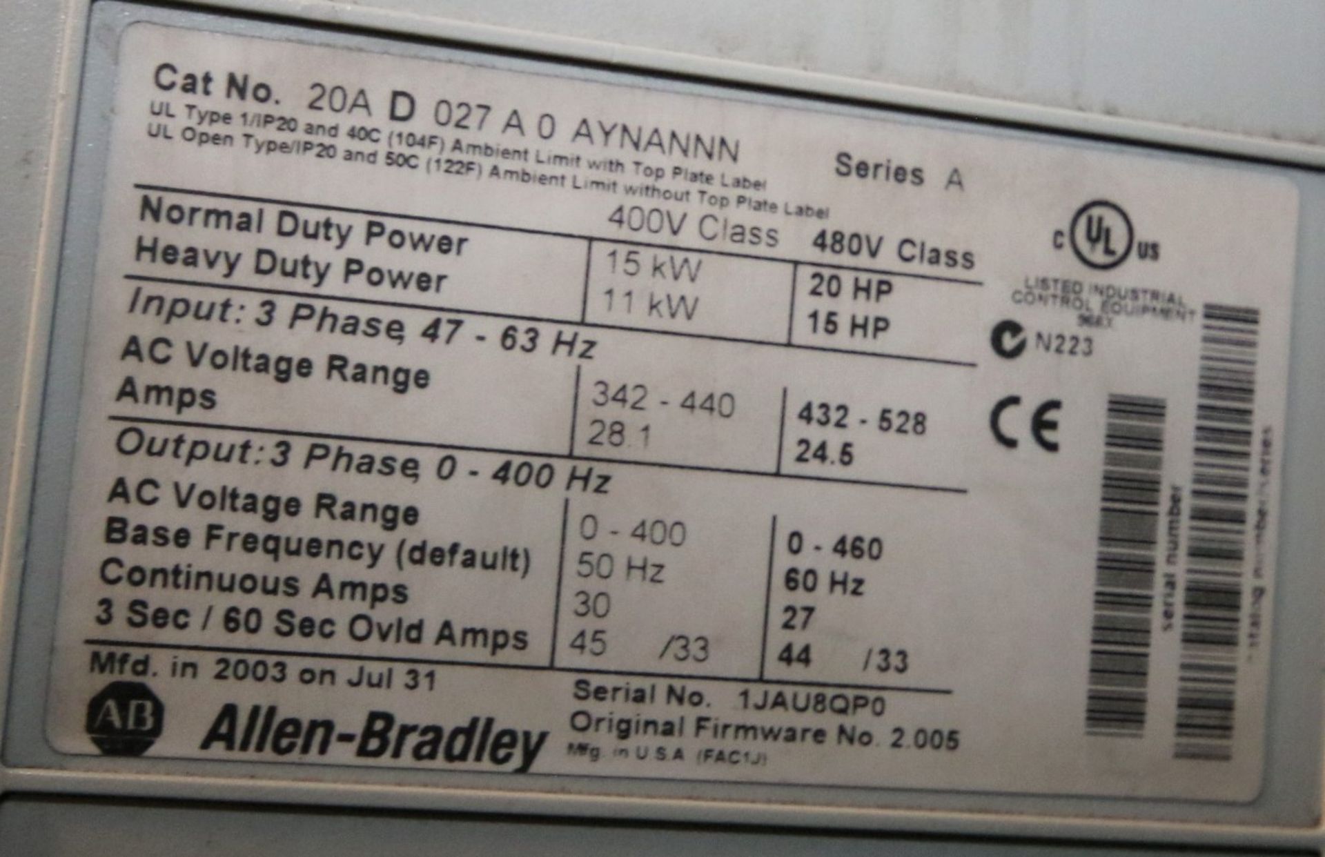 Allen Bradley PowerFlex 70 - 20 hp VFD, Cat # 20A D 027 A 0 AYNANNN, 460V 3 Phase, Series A (W271) - Image 2 of 2