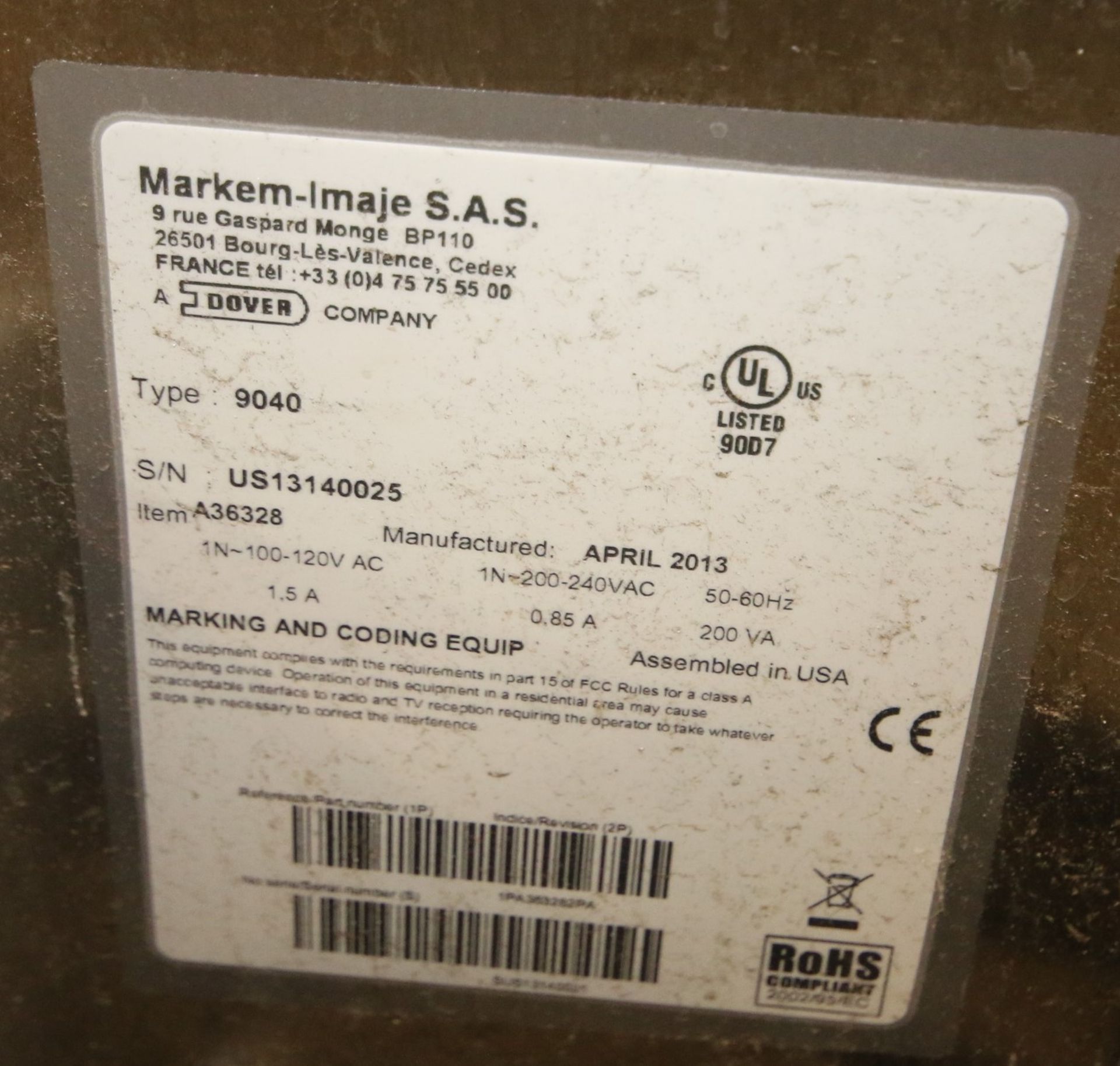 2013 Markem Imaje Ink Jet Coder/Printer, Model 9040, S/N US13140025, with Head (W746) Rigging/ - Image 5 of 5