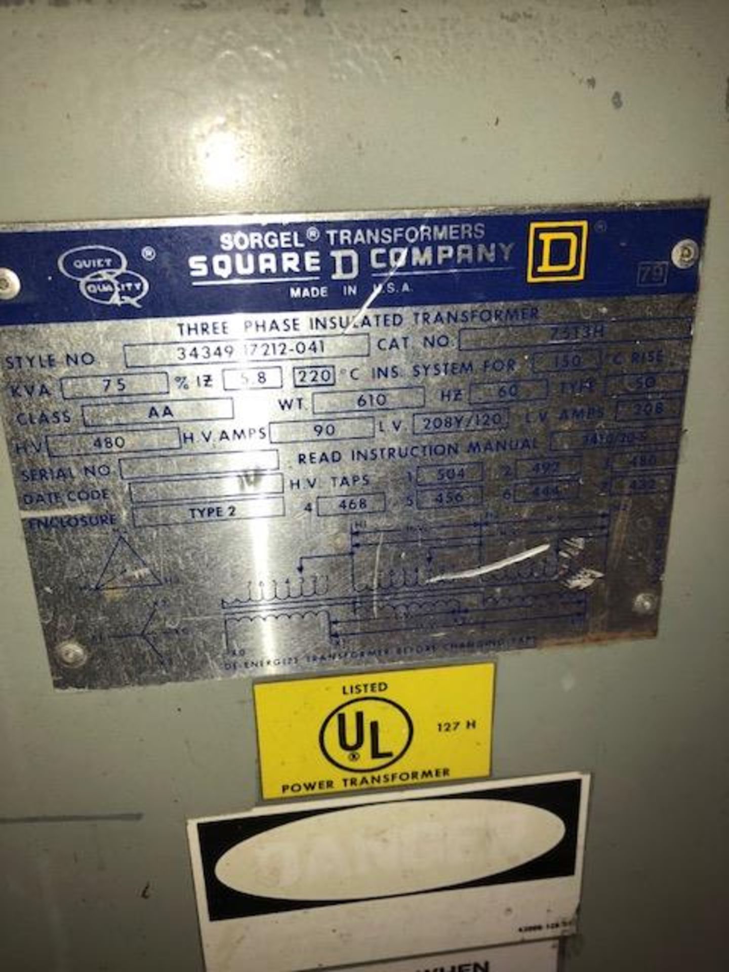 Square D Transformer, Style 34349-17212-041, CAT No.: 75T3H, 75 KVA, 3 Phase - Image 2 of 2