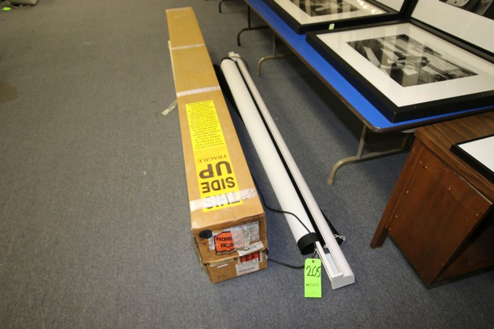 Projector Screens in Boxes including Da-Lite electric projection screen, Approx. 84" wide