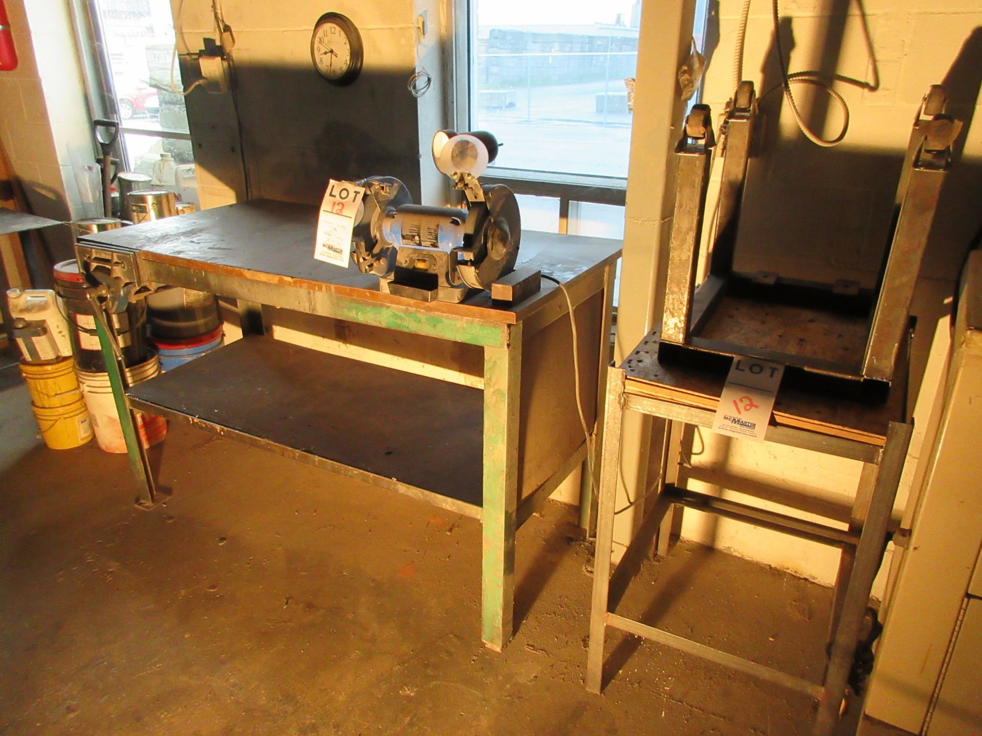 DOUBLE BENCH GRINDER WITH VISE, WORK TABLE 30''X60'' AND 2 ASSORTED TABLES