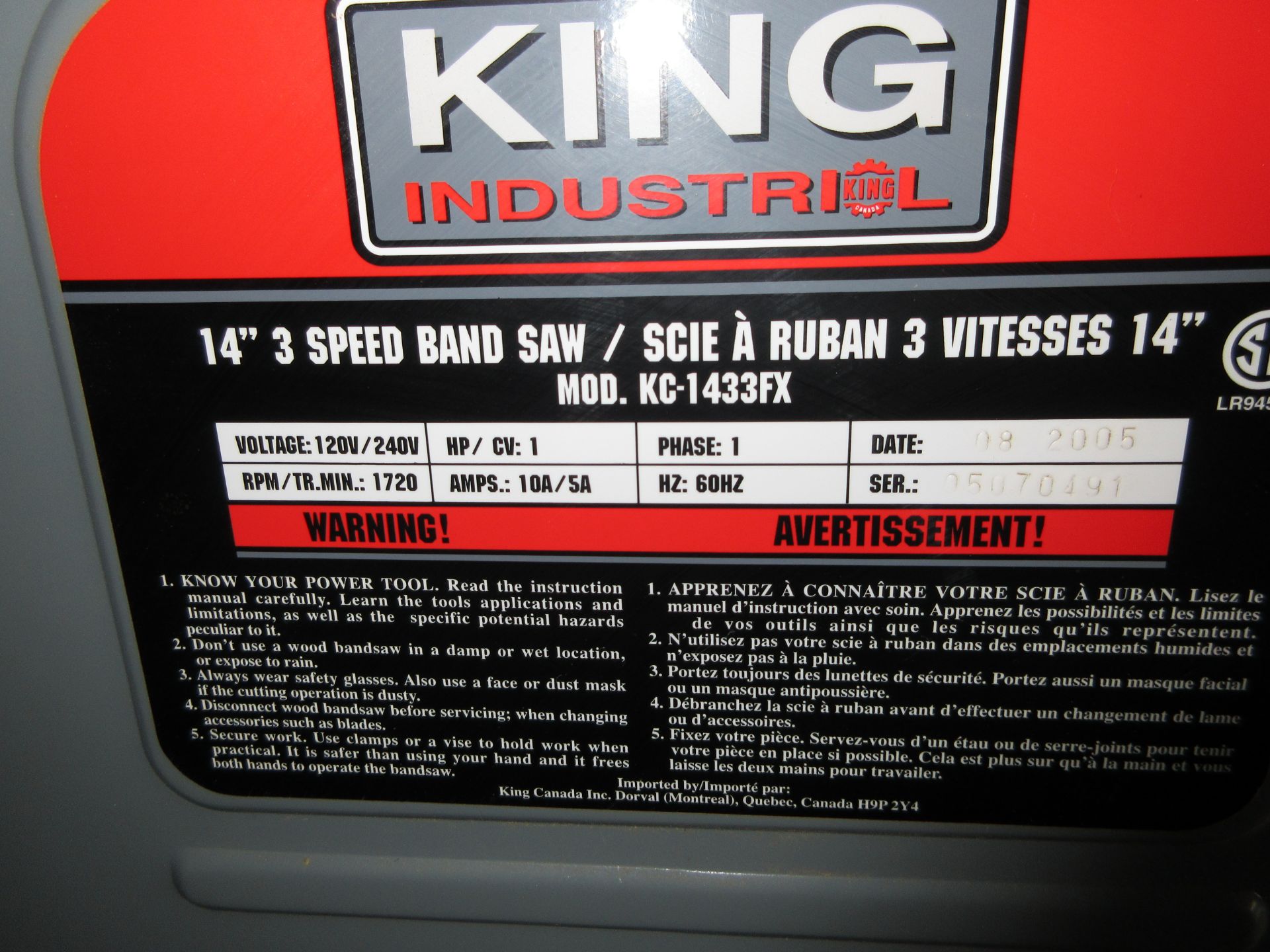 ''KING'' 14 inch, 3 SPEED BAND SAW MODEL:KC-1433 FX, 120/240 VOLTS, 1 HP - Bild 3 aus 4