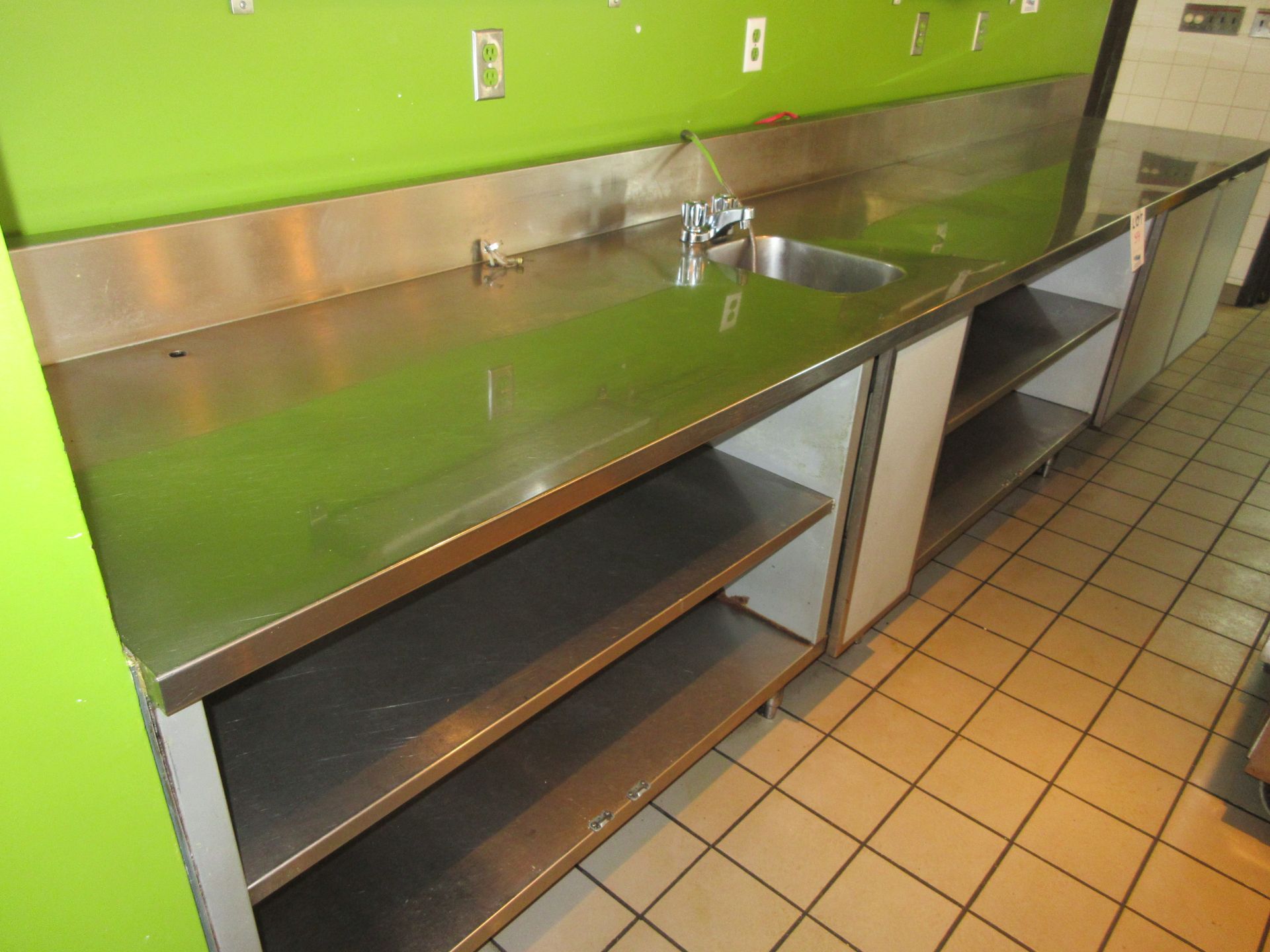 1 STAINLESS STEEL WORK COUNTER WITH DOORS, SHELVES, SINK 156'' X 28'' X 36'' - Image 2 of 2