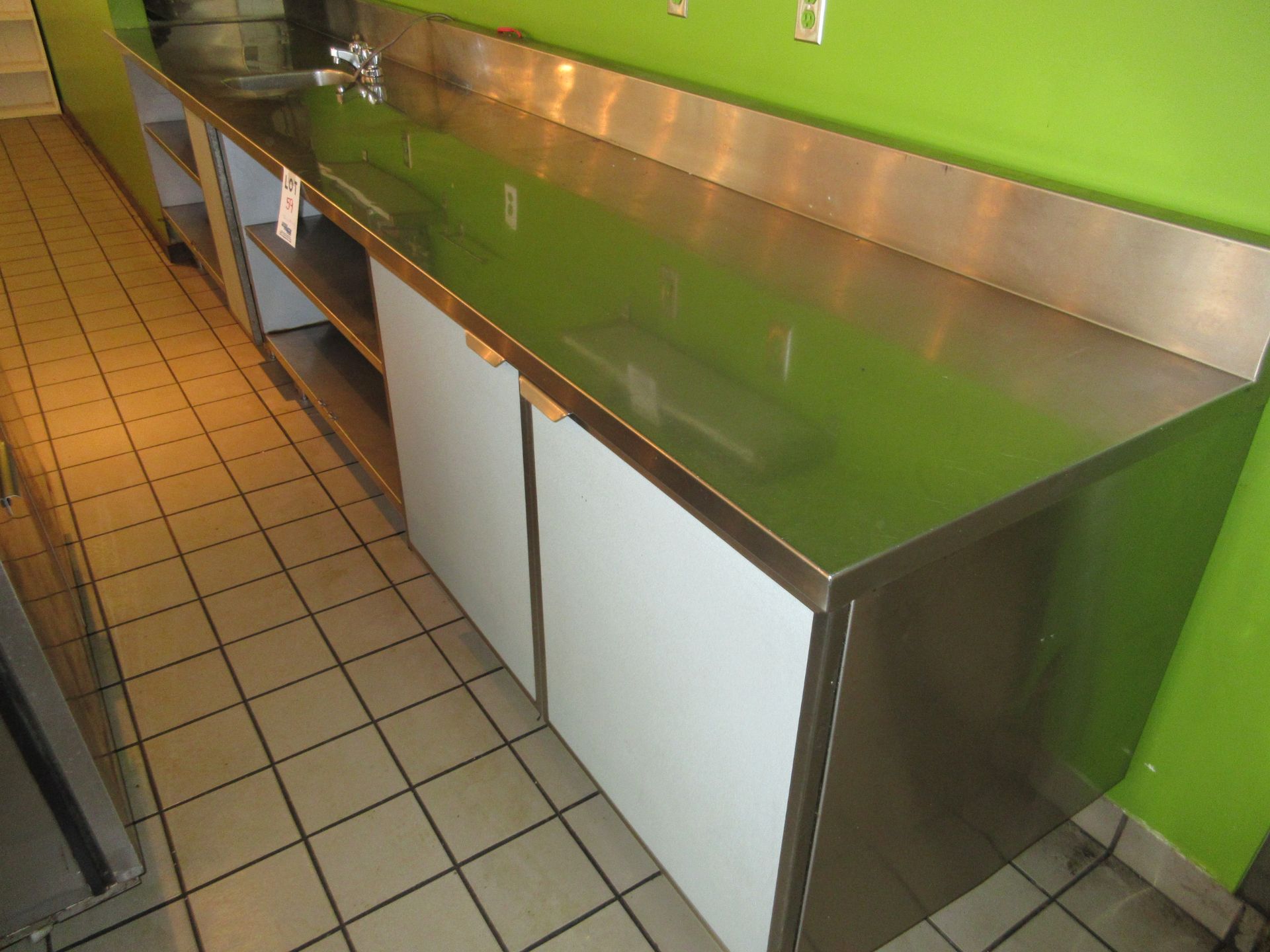 1 STAINLESS STEEL WORK COUNTER WITH DOORS, SHELVES, SINK 156'' X 28'' X 36''