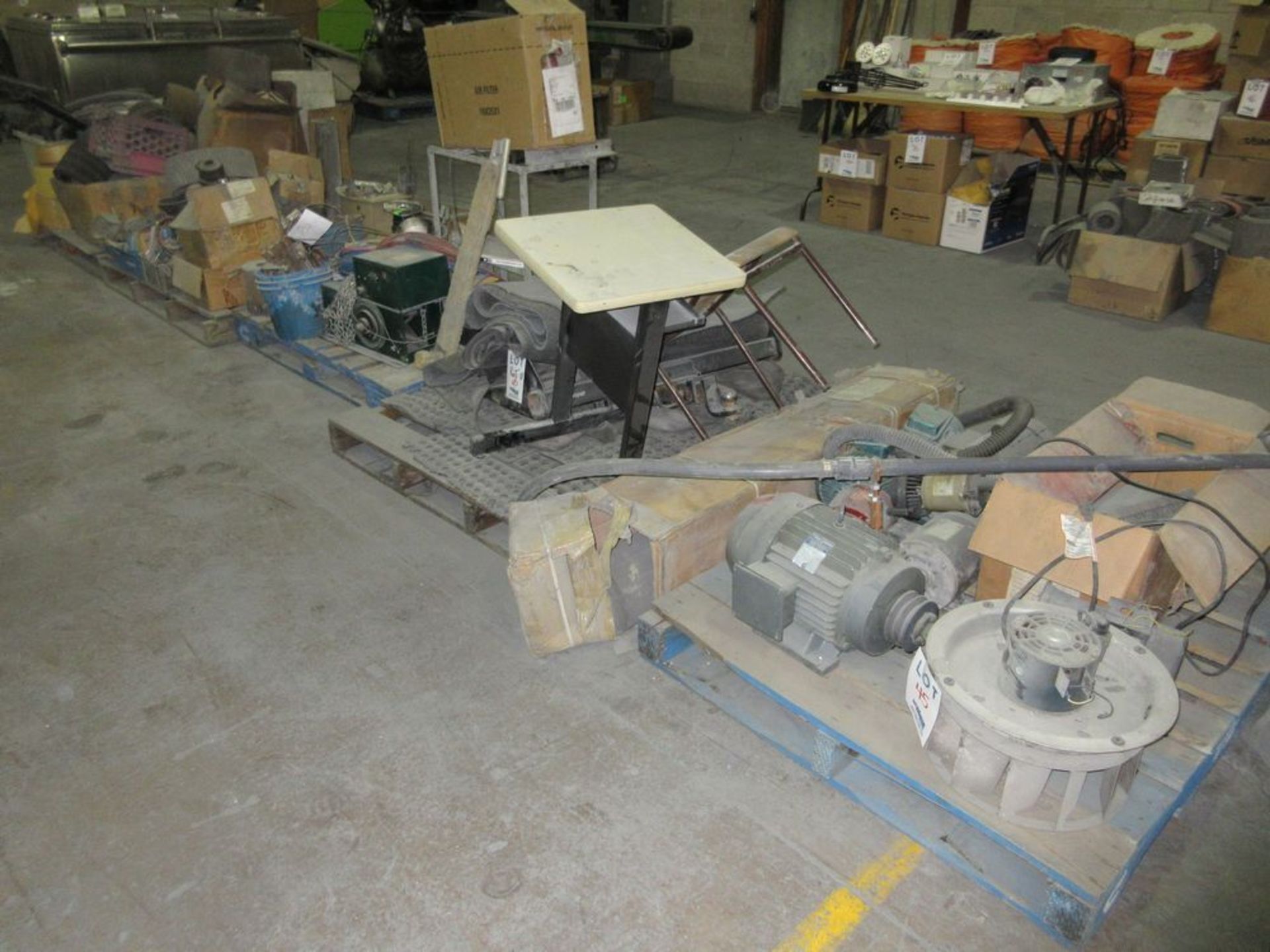 LOT INCLUDING 6 PALLETS OF ASSORTED PARTS, MOTORS, ETC.