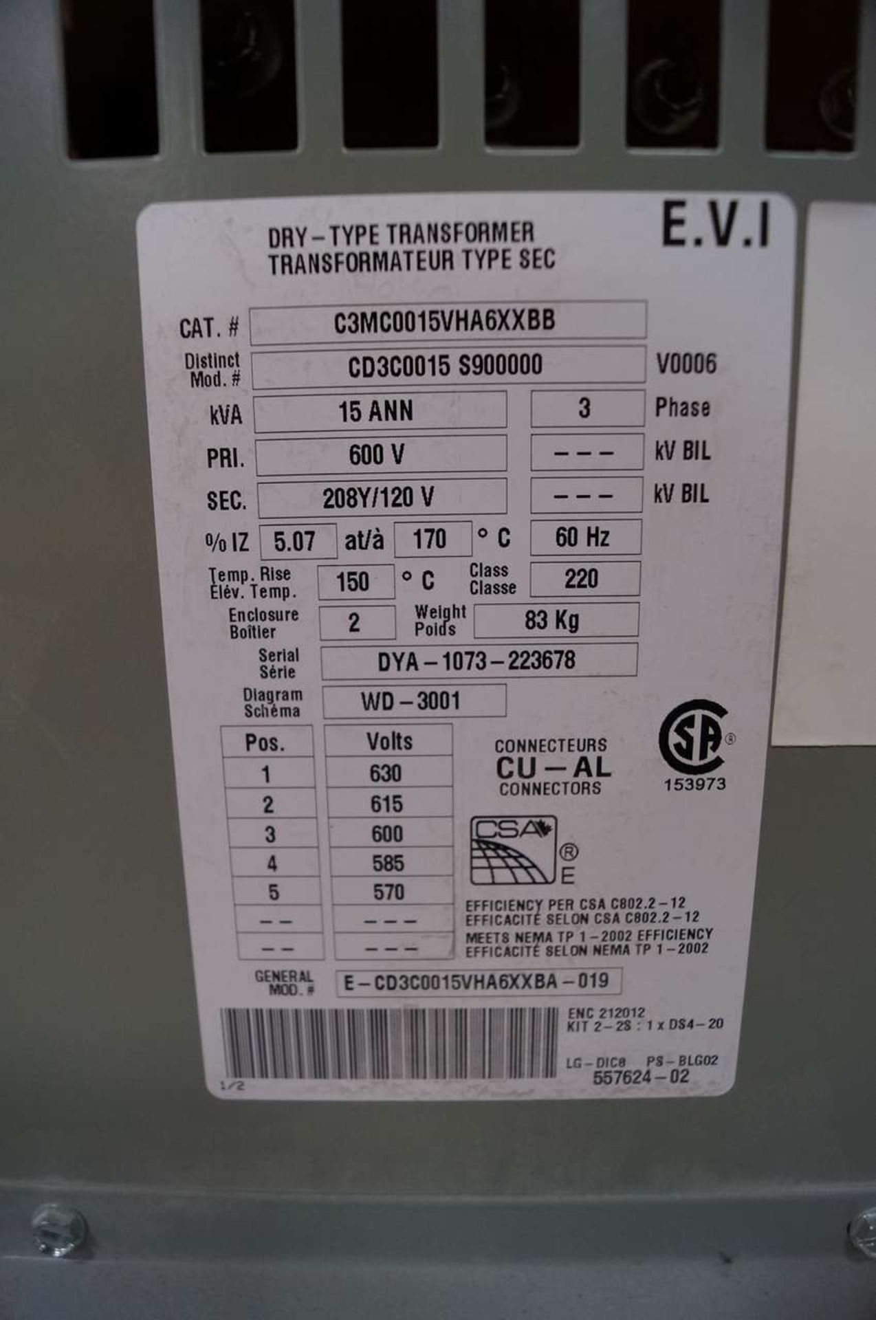 Commercial Series C802 Dry Type Transformer - Image 2 of 3