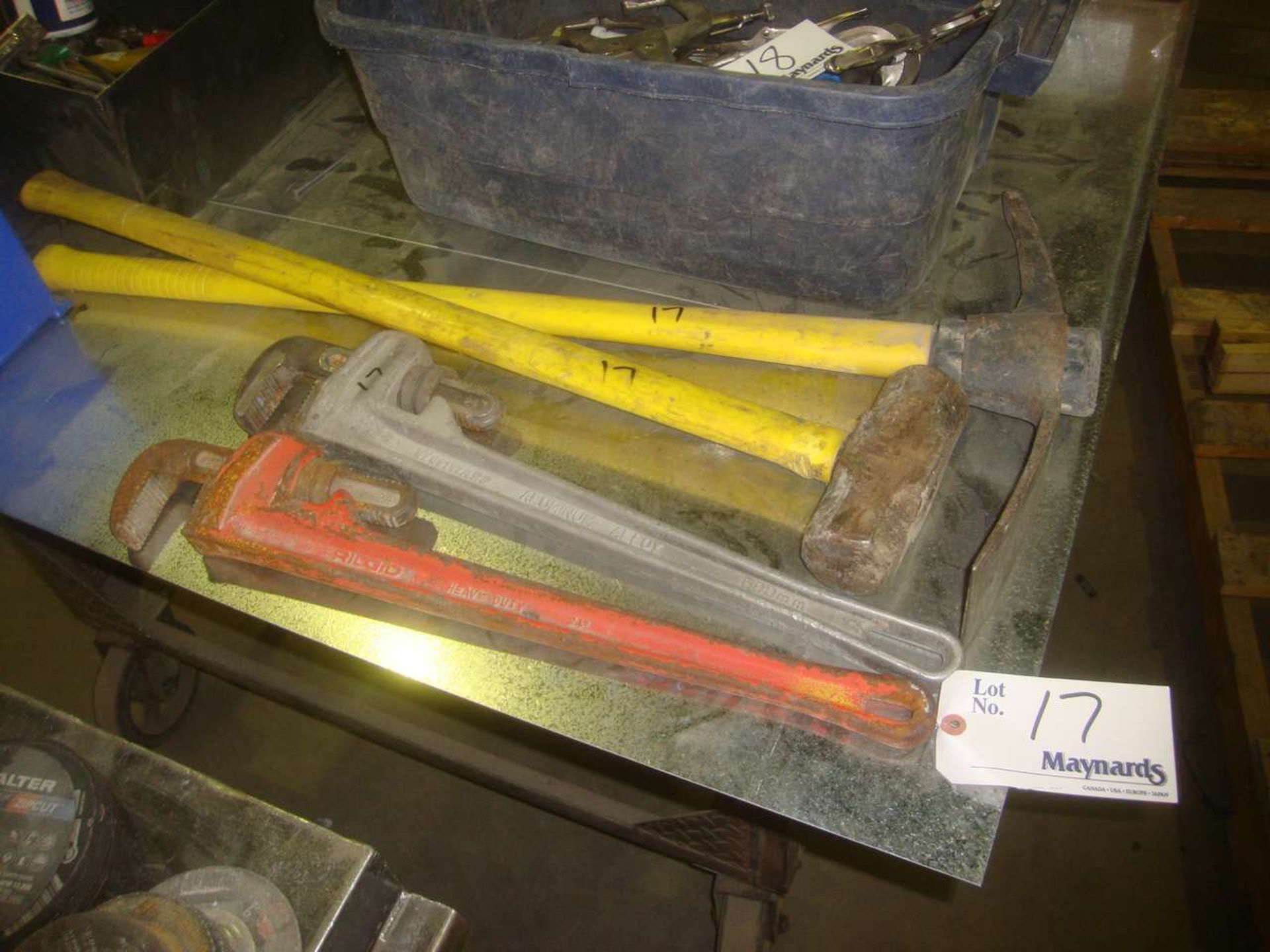 (2) Pipe Wrenches 24", Pick & Sledge Hammer