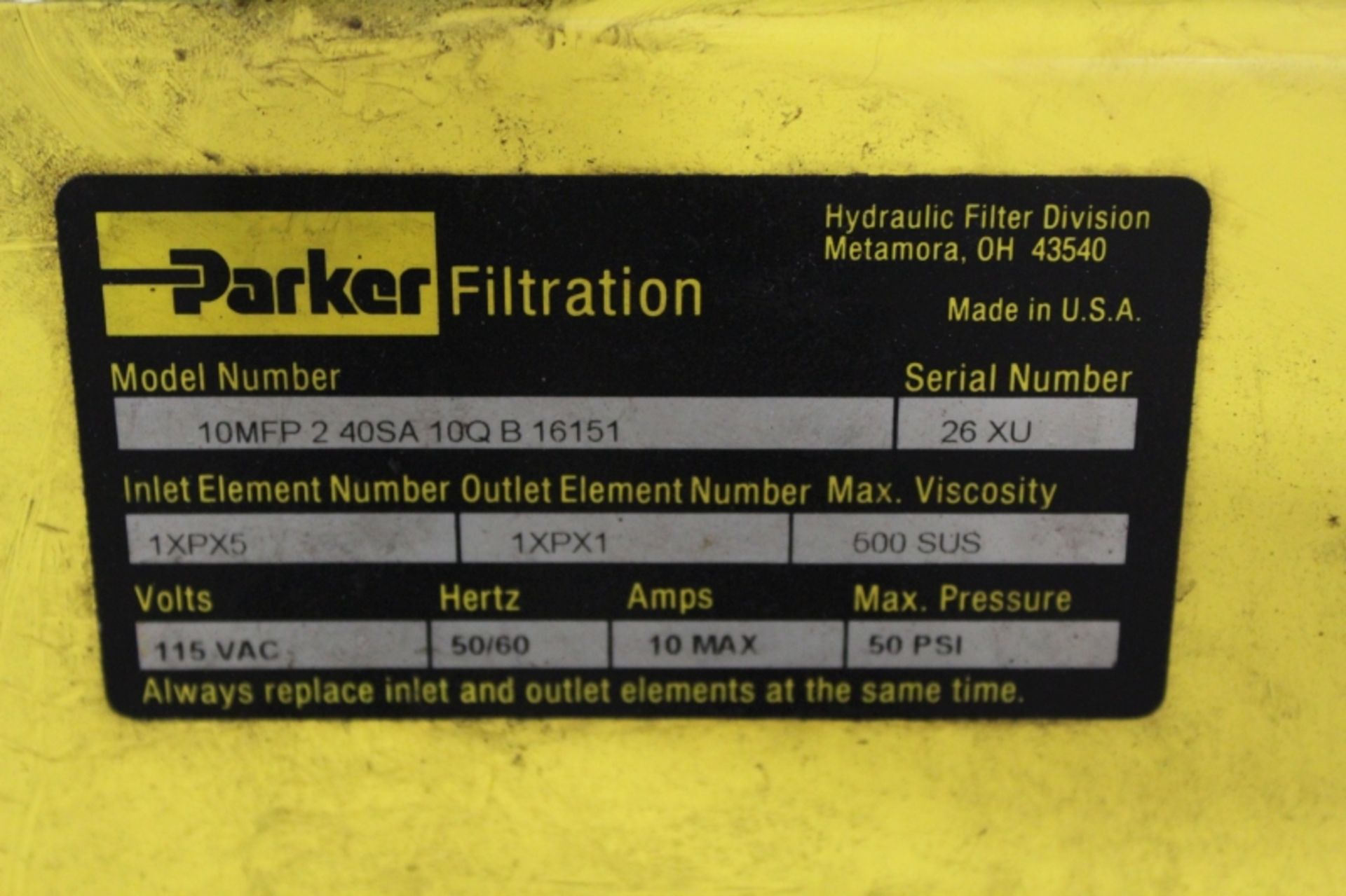 Parker Filtration 10MFP Oil Filter Cart, S/N 26XU - Image 3 of 3
