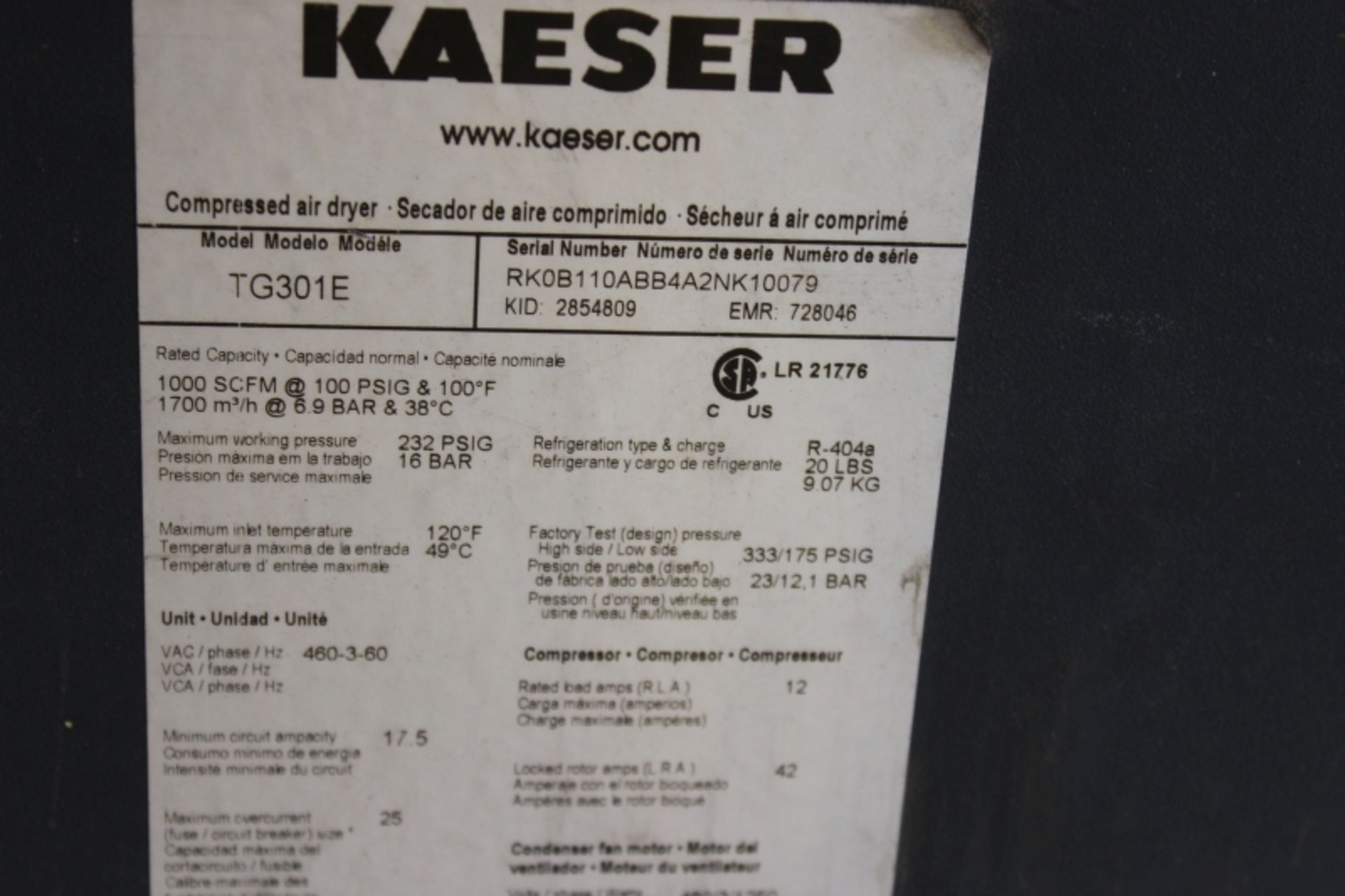 Kaeser TG301E Refrigerated Air Dryer, s/n RK0B110ABB4a2NK10079 - Image 3 of 3