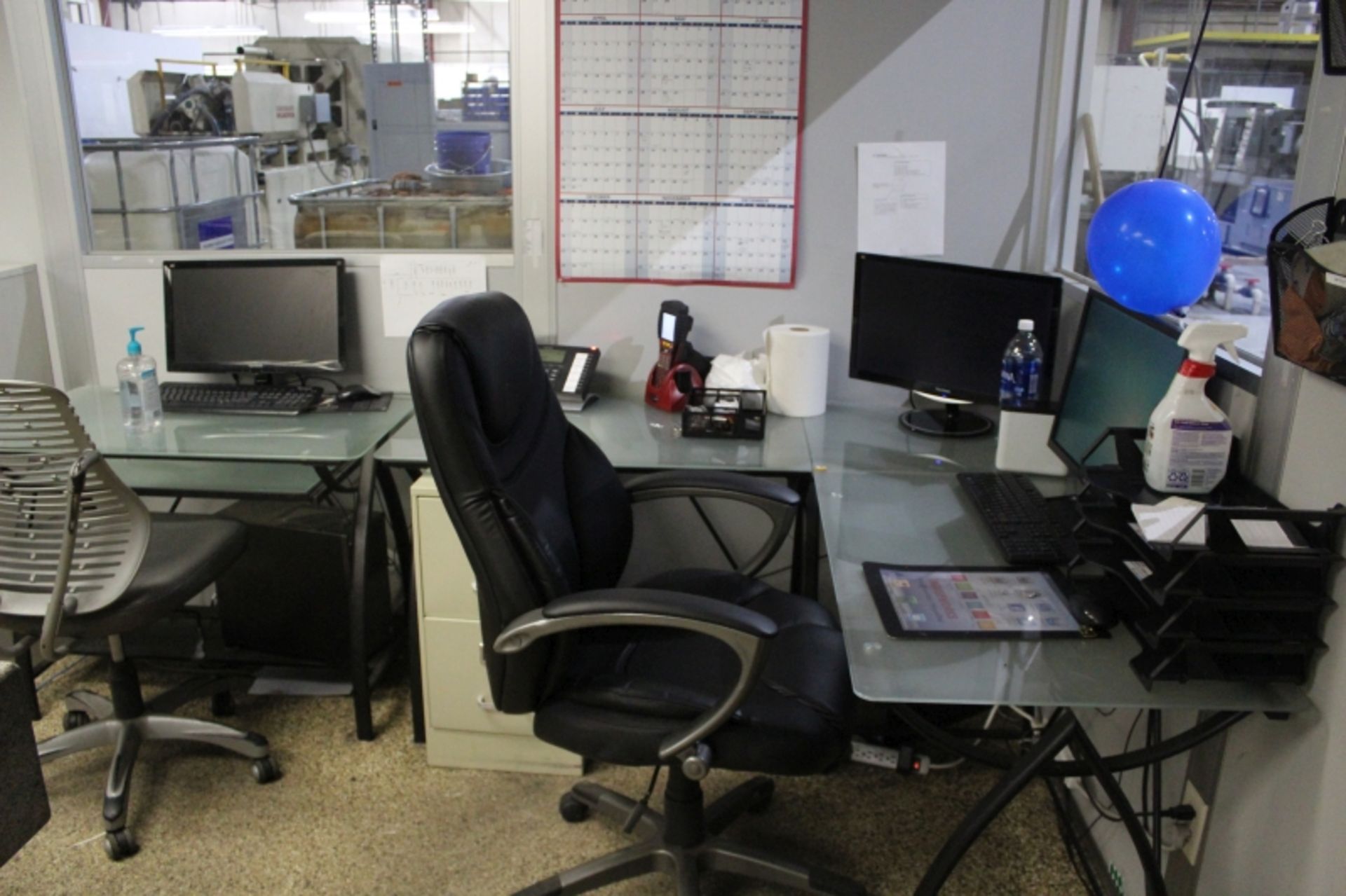 Office Content, 4 Glass Desks with Computers, Chairs, Filling Cabinets