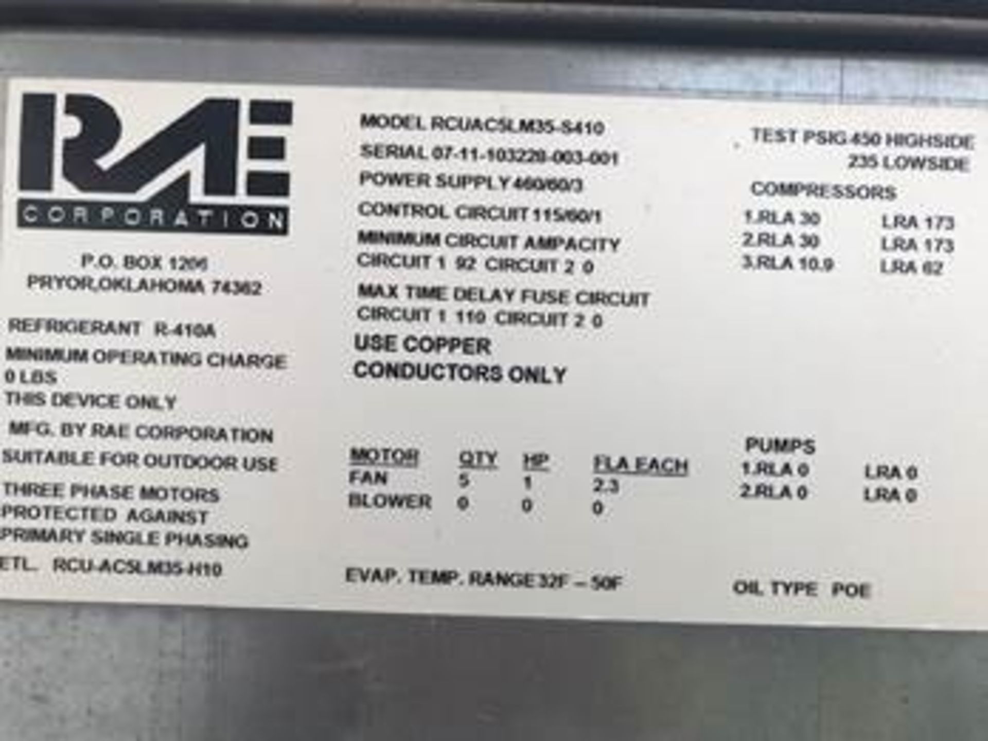 RAE Corp. Titan Unit RCUAC5LM35-S410 Air System, Refrigerant, (5) 1 HP Fans, Max Circuit 92 Amps, ( - Image 4 of 4