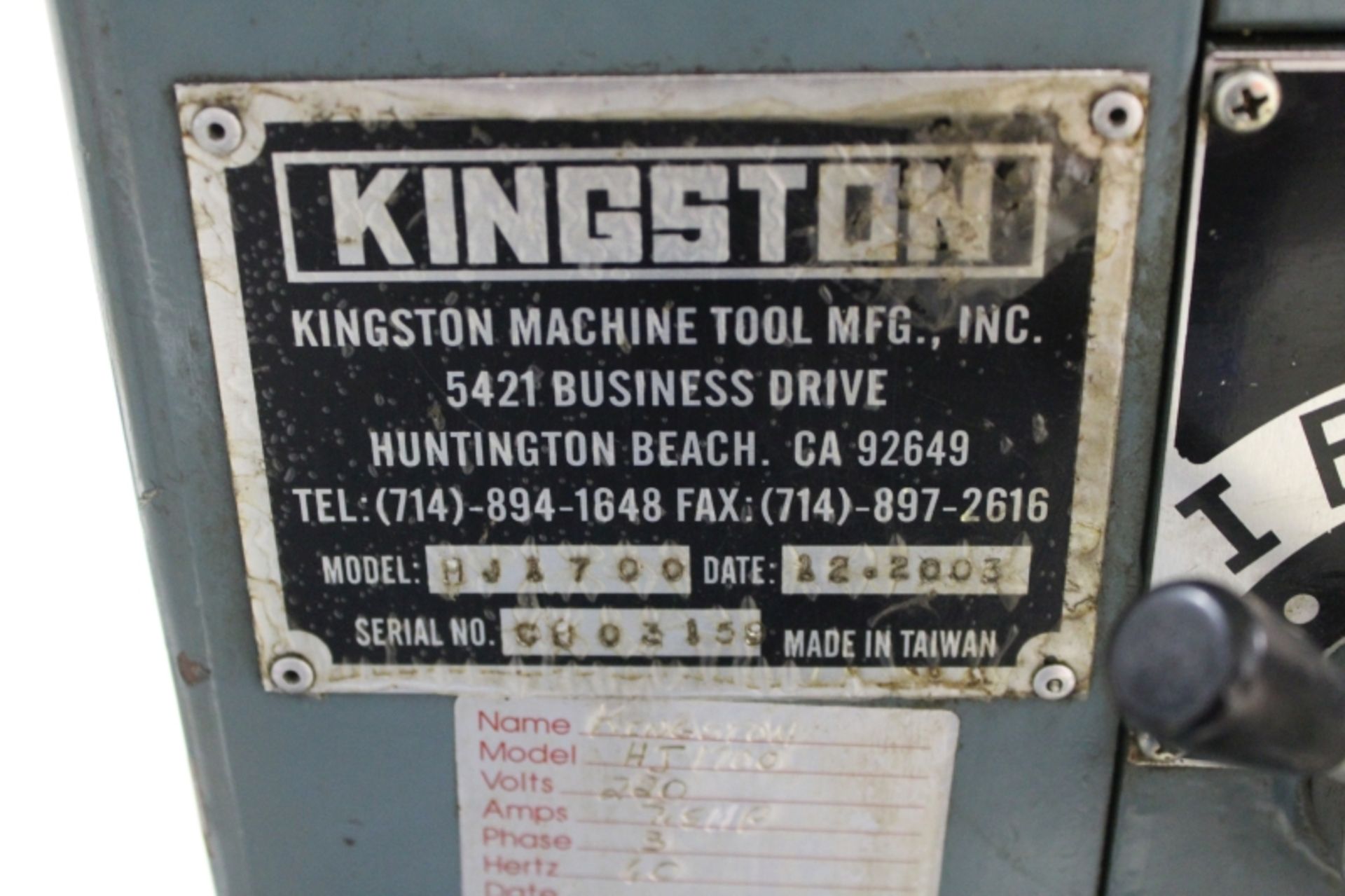 Kingston HJ1700 Engine Lathe, 10" Chuck, S/N C003159, New 2003 - Image 8 of 8