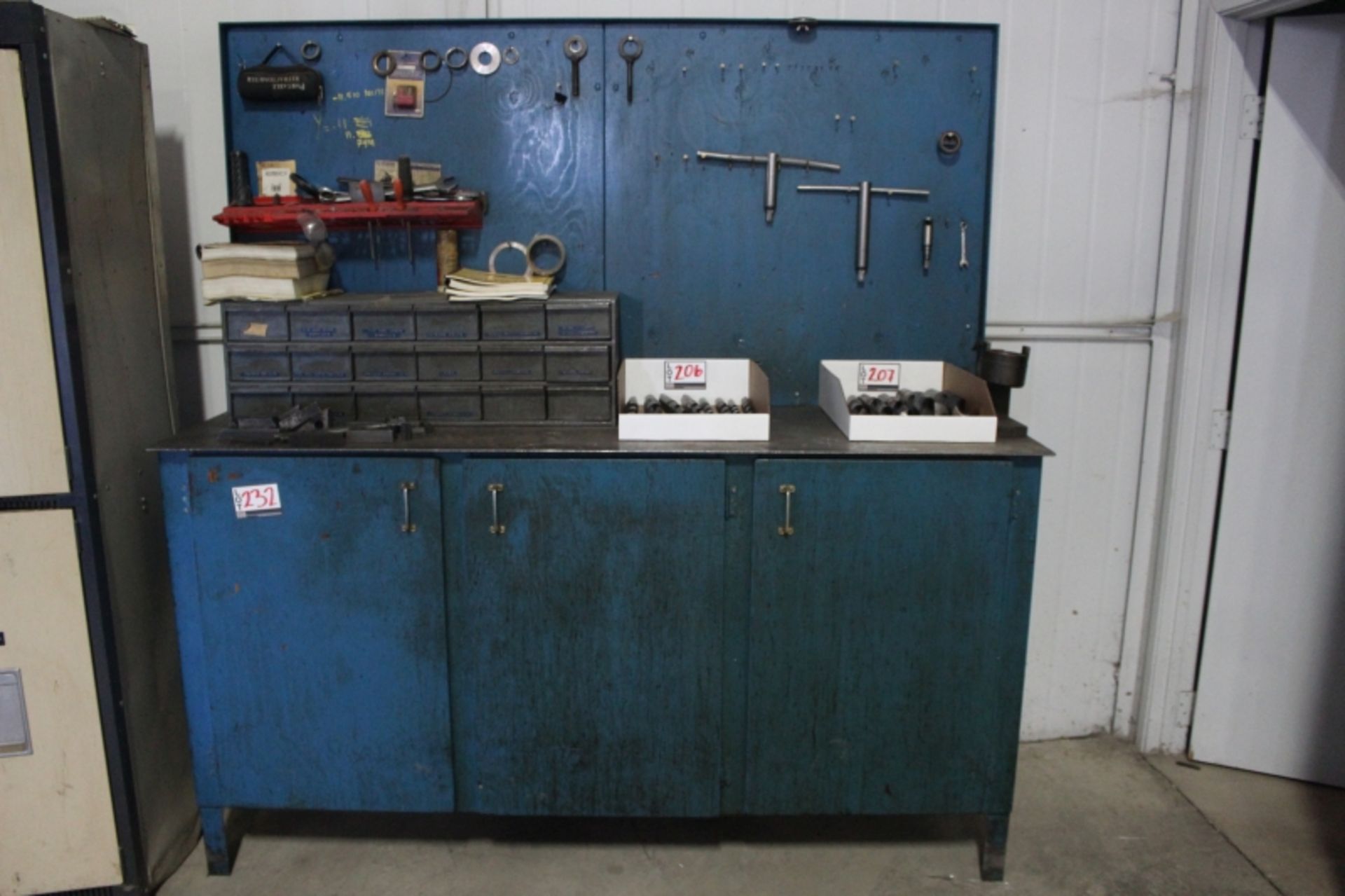 Work Bench with Content, Assorted Drills, Taps, Sleeves Magnets, & Hardware