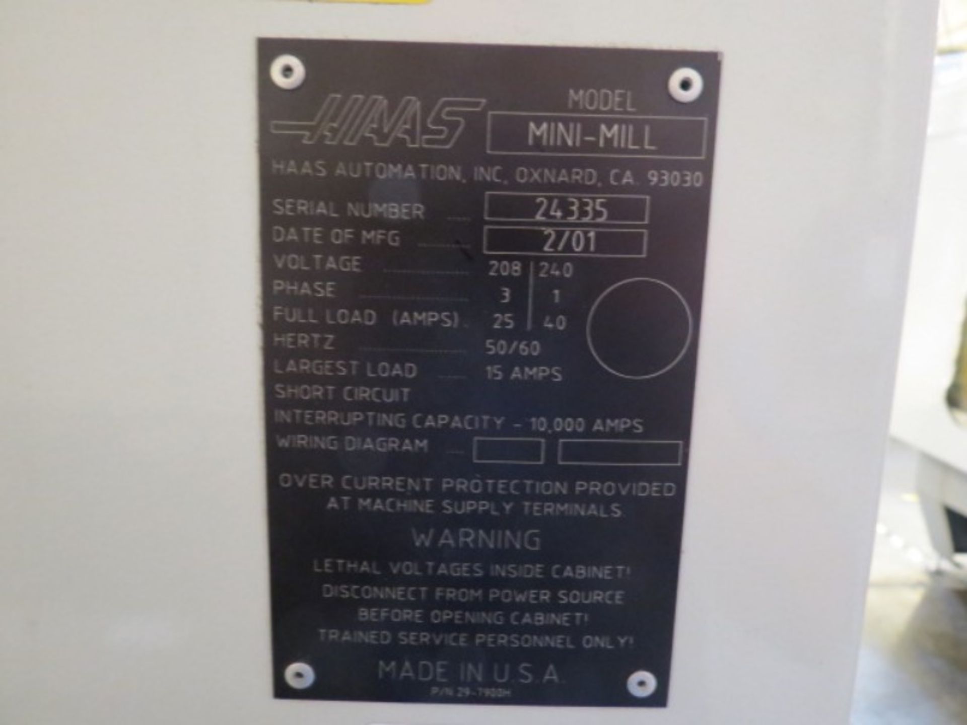 HAAS Mini Mill 16'' x 12'' x 10'' trvls, 6000, RPM, CT40 Taper, 10 ATC, S/N 24335, New 2001 - Image 6 of 6