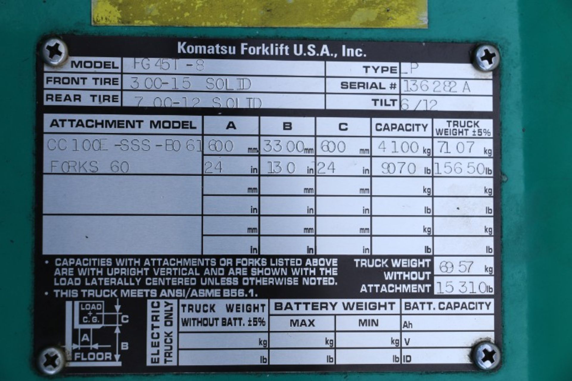 10,000lb Komatsu FG45T-8 Forklift, LPG S/N 136282A, 598 Hours, New 2013 - Image 8 of 8