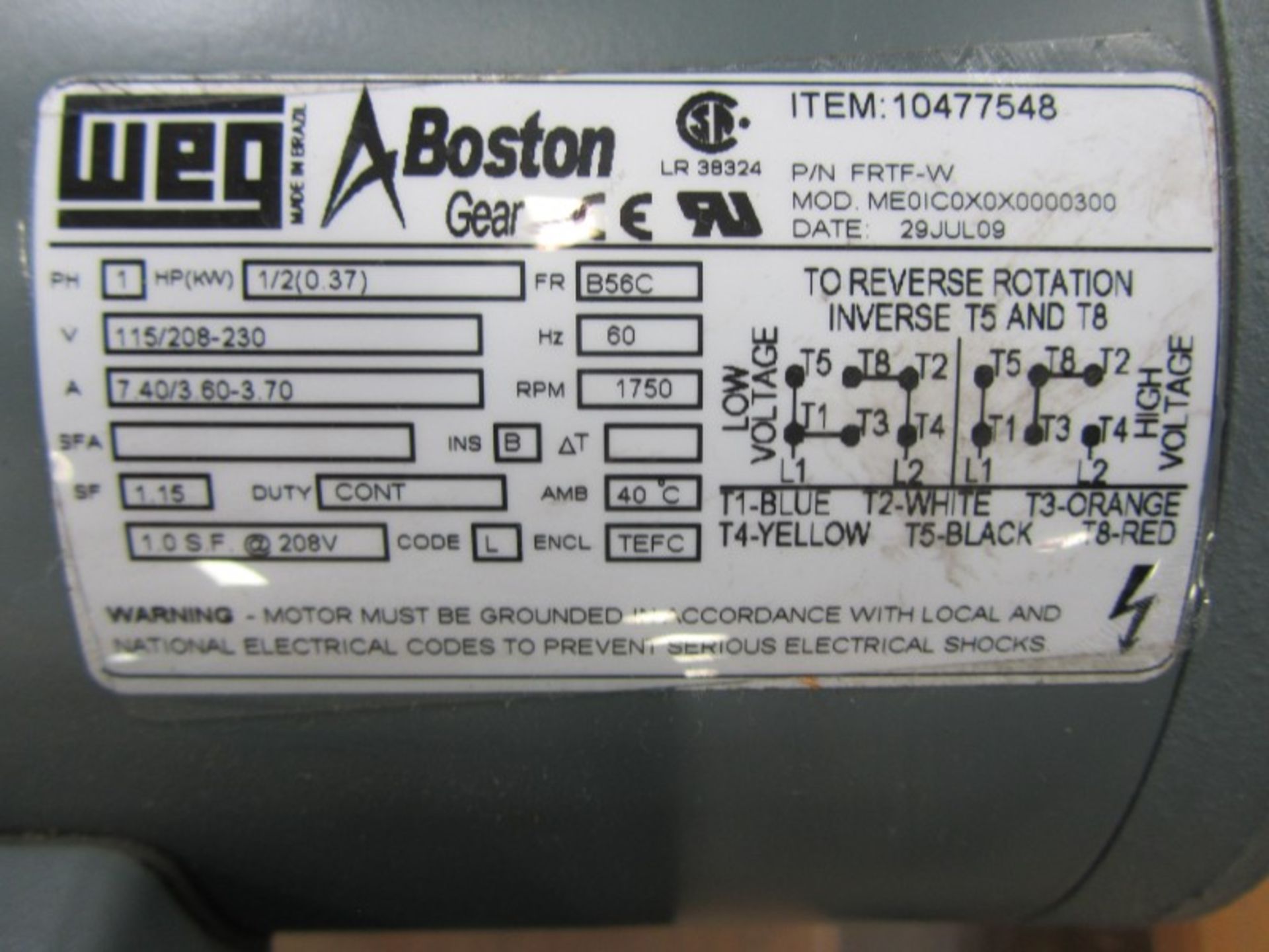 1/2 HP Boston Gear FRTF-W Electric AC Motor, 115/208-230V,sigle phase 60Hz, 7.4 A, 1750 RPM - Image 3 of 3