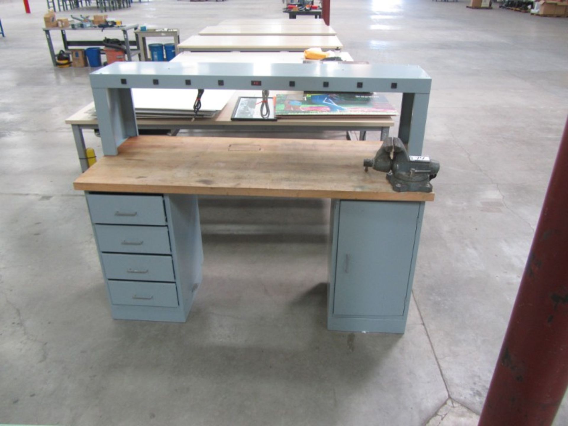 Workbench, with vise, power strip, drawers & butcher block top