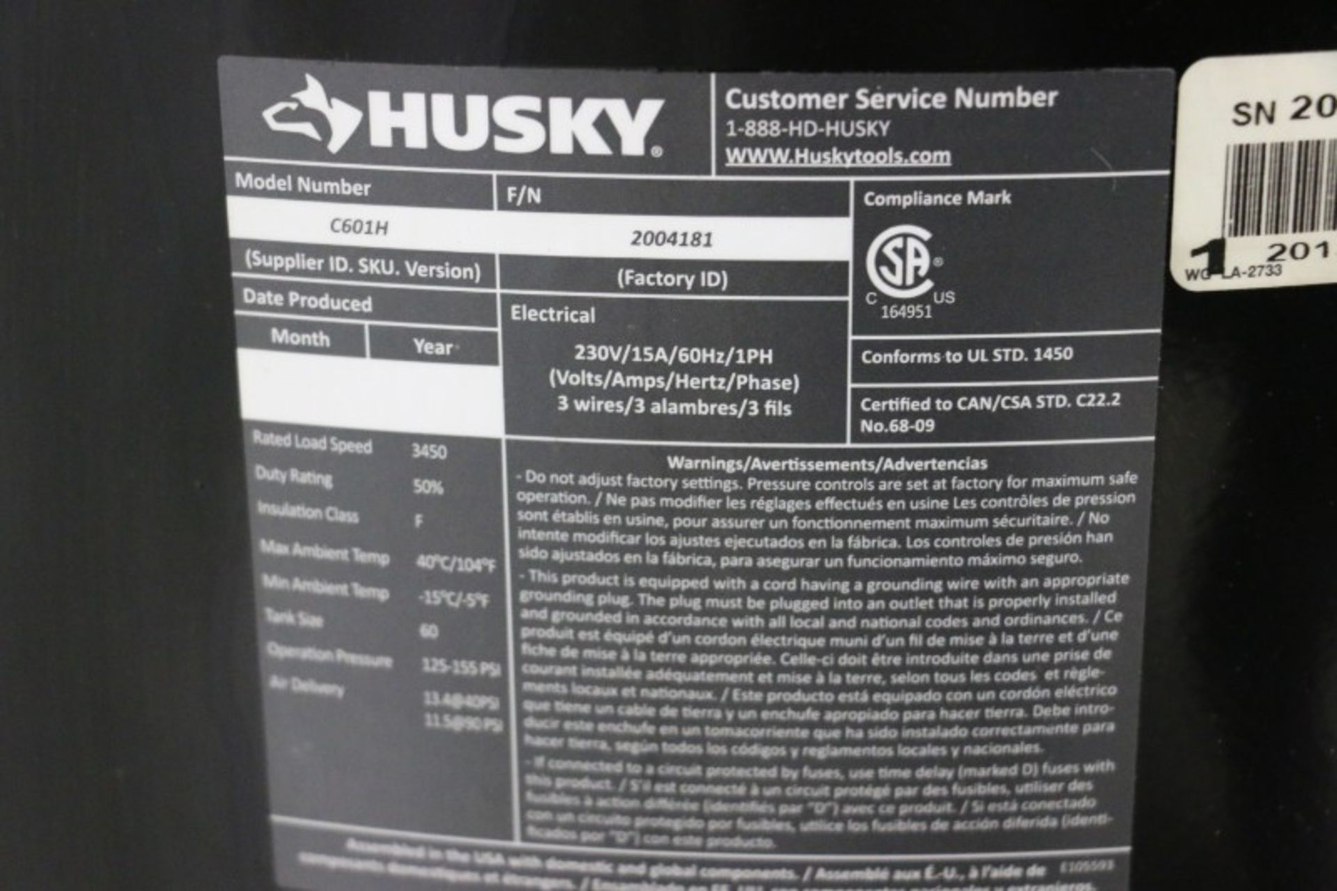 3.7 HP Husky C601H Reciprocating Air Compressor, 60 gal tank, 155 PSI, s/n 2004181 - Image 5 of 5