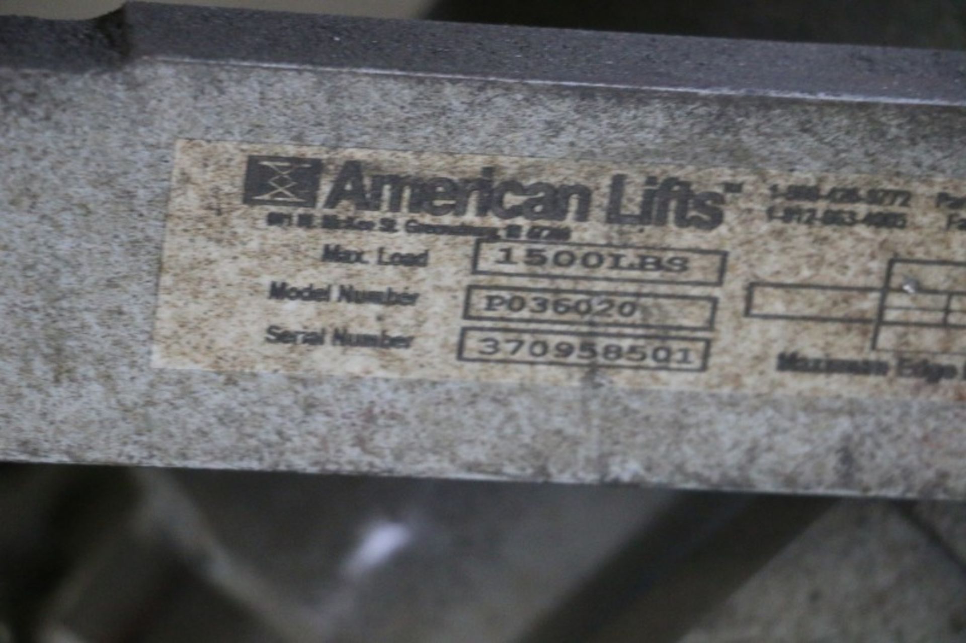 American Lifts P036020 1,500lb Cap Scissor Lift Table S/N 370958501 - Image 5 of 5