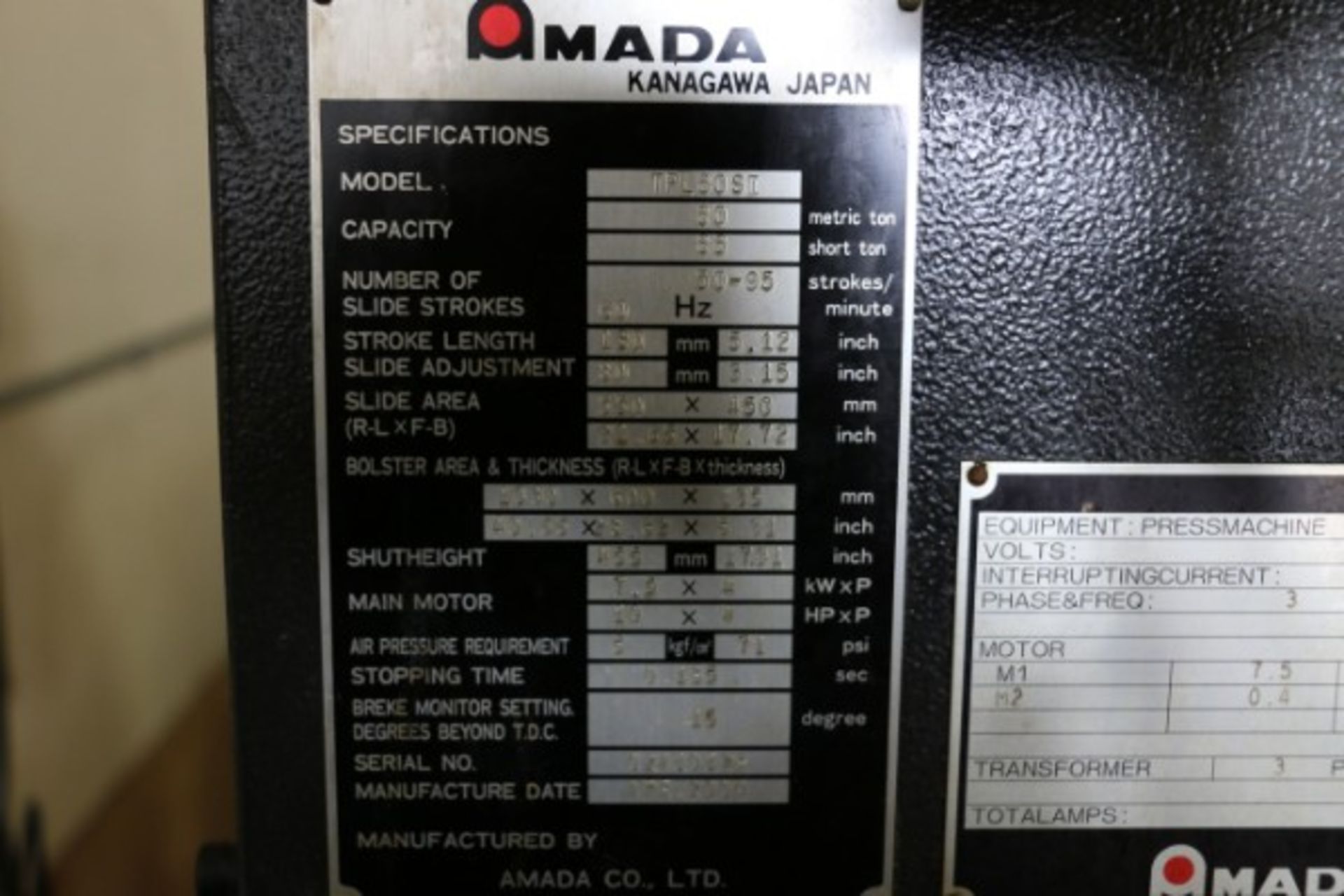 88 Ton Amada TPL80SI Gap Frame Press,S/N 02410129, New 2000 - Image 8 of 9