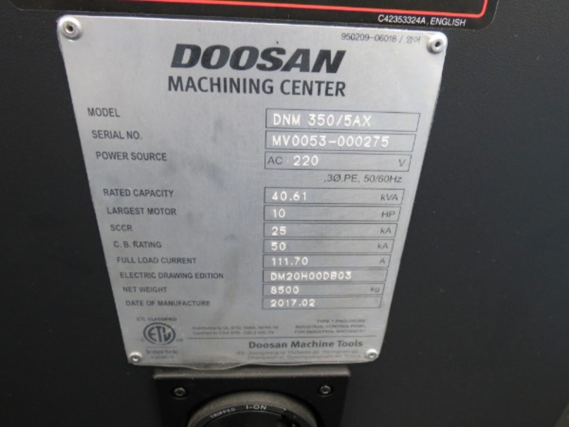 Doosan DNM350/5AX 5-Axis Vertical Machining Center, Fanuc control, w/Trunnion Tilt-table,23.6'' x - Image 11 of 11