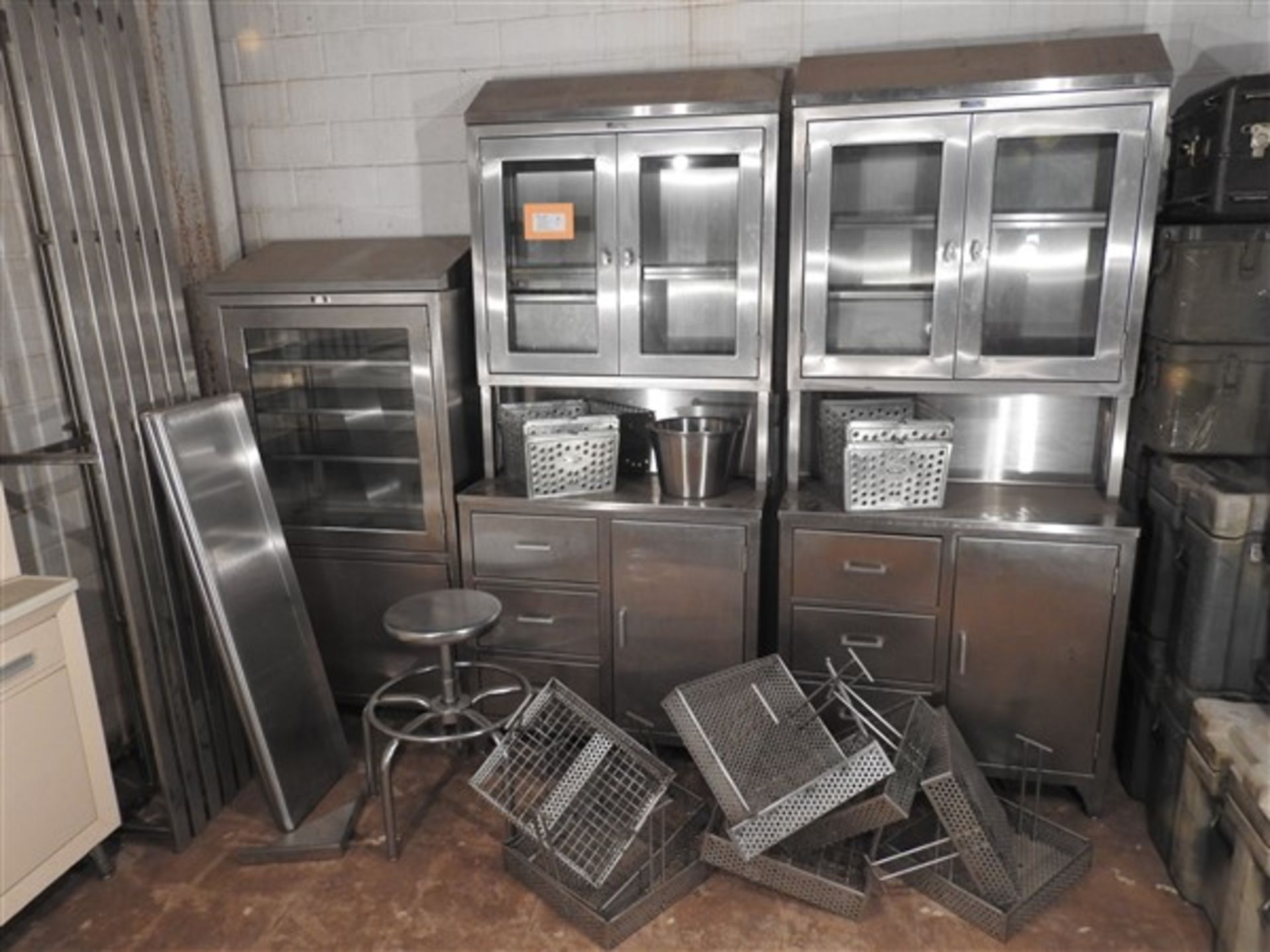 LARGE LOT OF STAINLESS CABINETS AND MISC