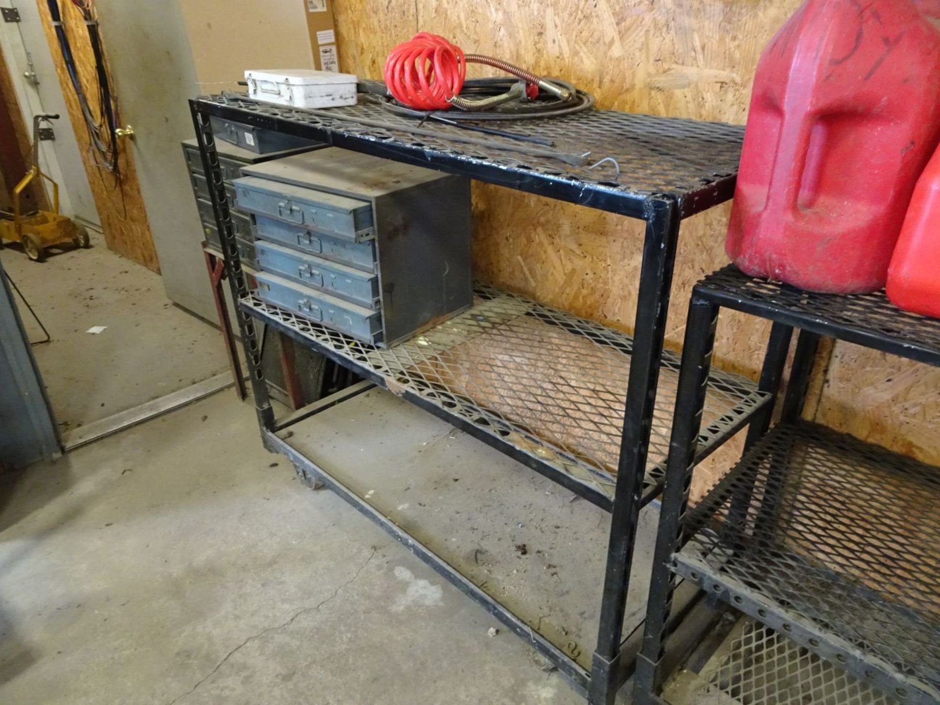 ASSORTED ITEMS, INCLUDES (5) GAS CANS, VARIOUS BELTS, PARTS ORGANIZERS, AND (2) METAL RACKS - Image 3 of 5