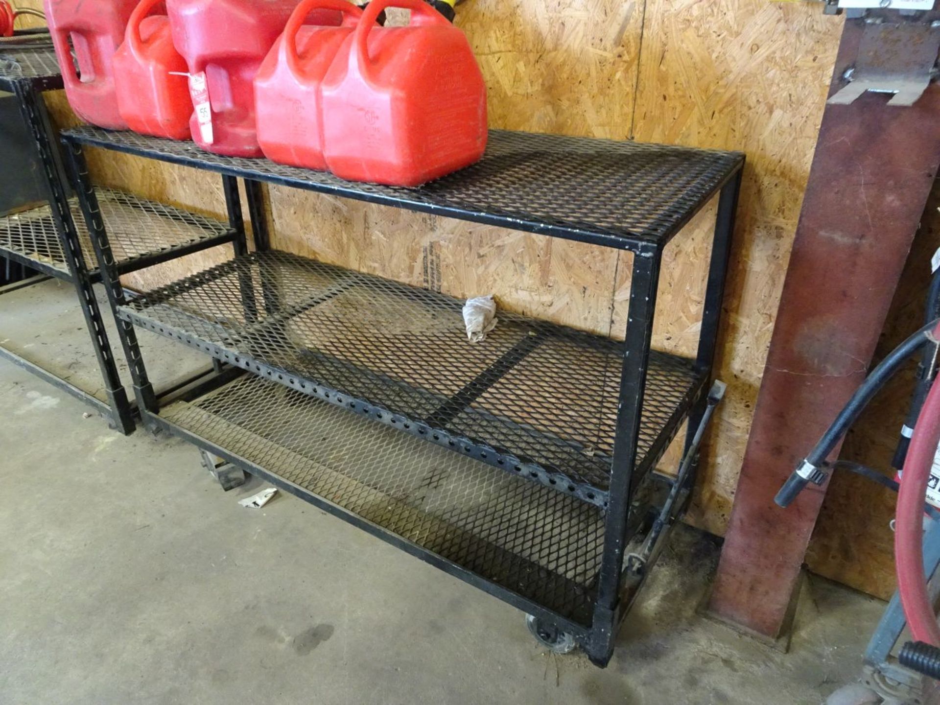 ASSORTED ITEMS, INCLUDES (5) GAS CANS, VARIOUS BELTS, PARTS ORGANIZERS, AND (2) METAL RACKS - Image 2 of 5