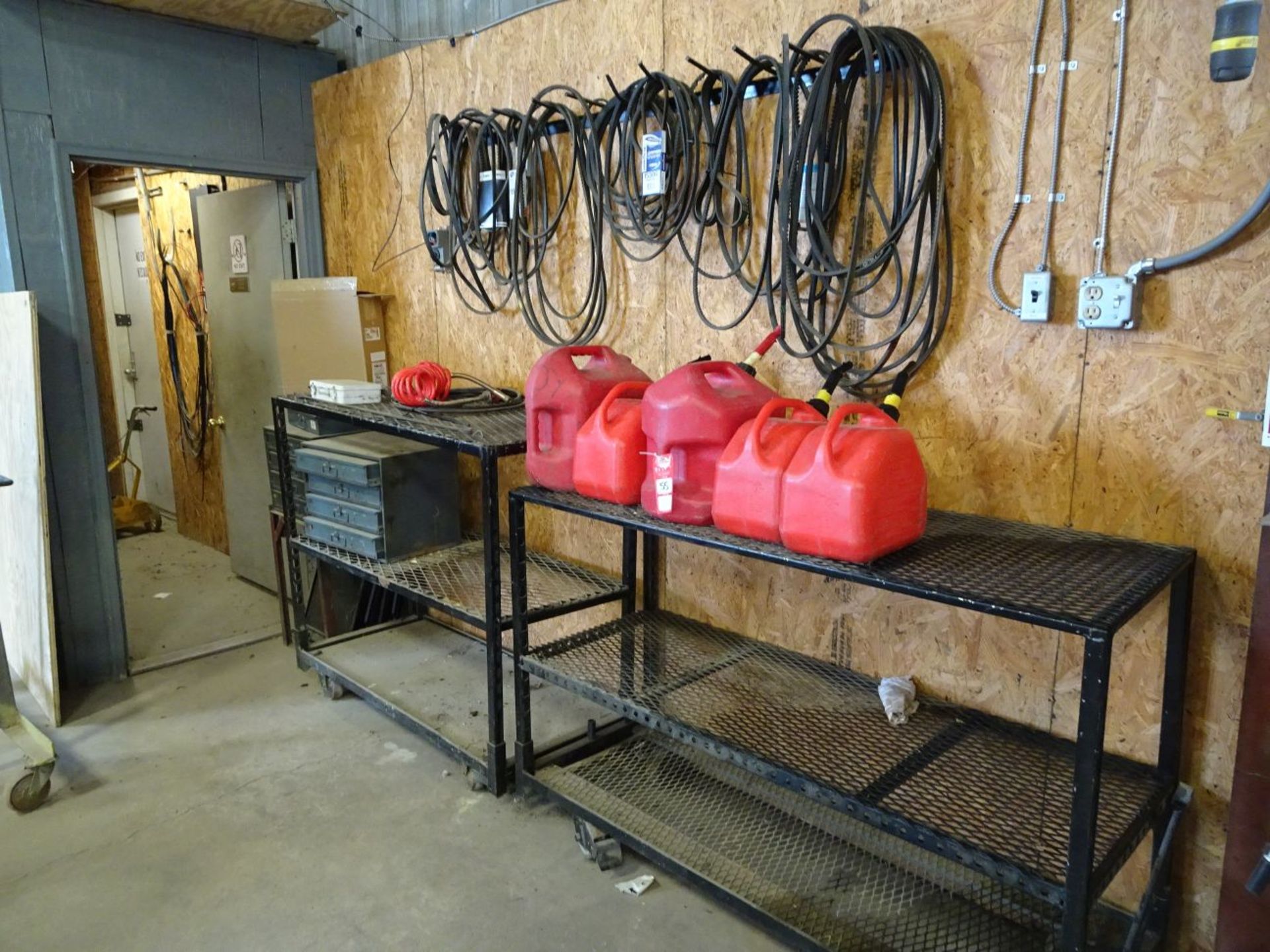 ASSORTED ITEMS, INCLUDES (5) GAS CANS, VARIOUS BELTS, PARTS ORGANIZERS, AND (2) METAL RACKS