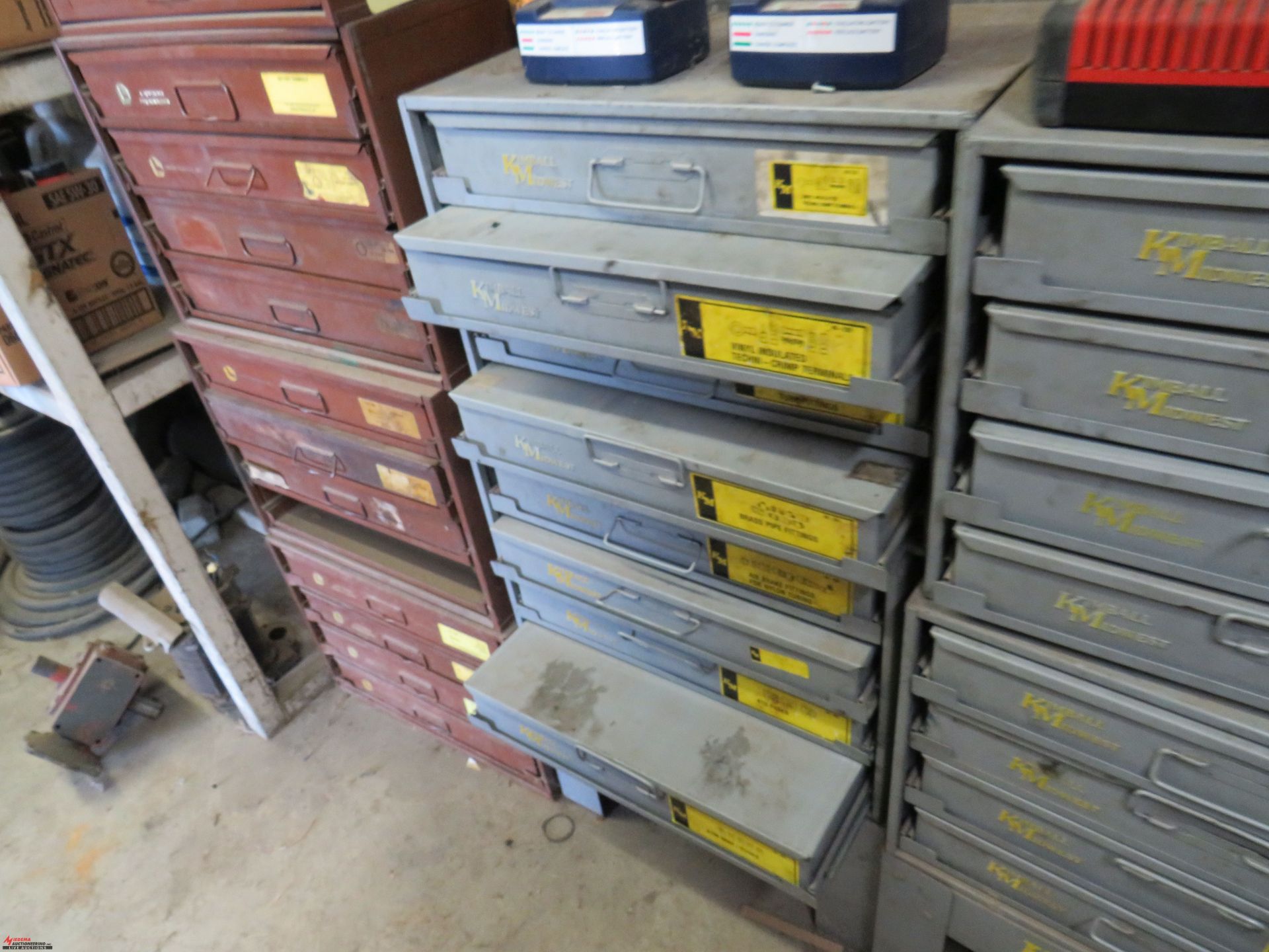 ASSORTED 4-DRAWER HARDWARE CABINETS (9), WITH ASSORTED O-RINGS, BRASS FITTINGS, FUSES, COTTER - Image 4 of 7